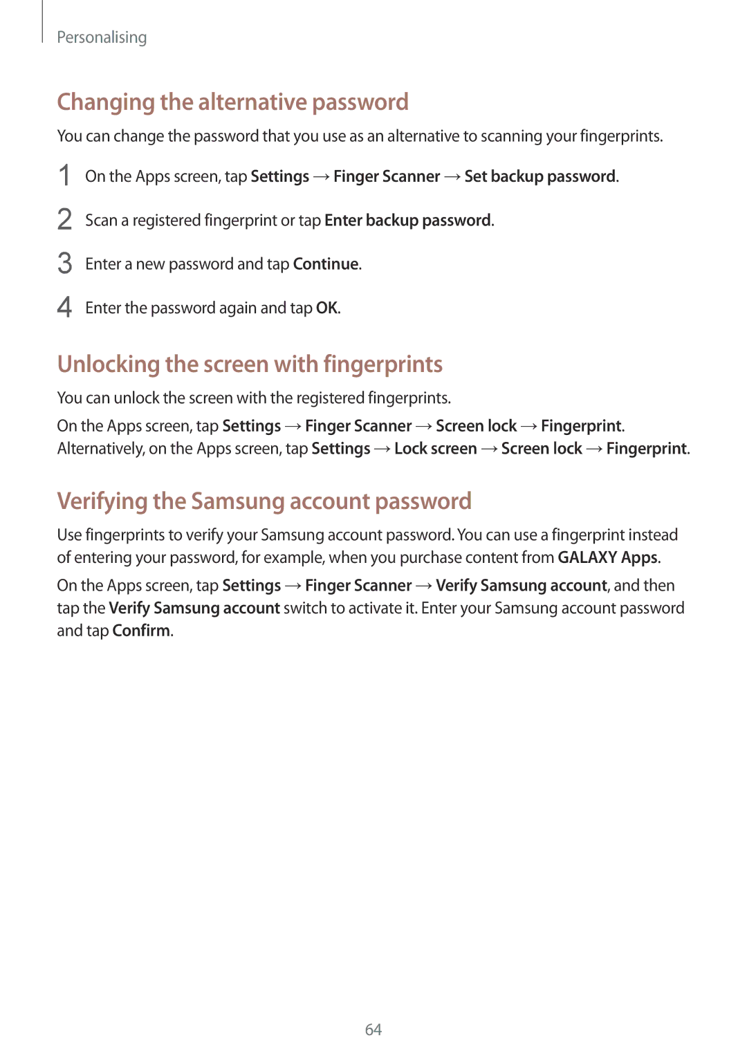 Samsung SM-G850F user manual Changing the alternative password, Unlocking the screen with fingerprints 