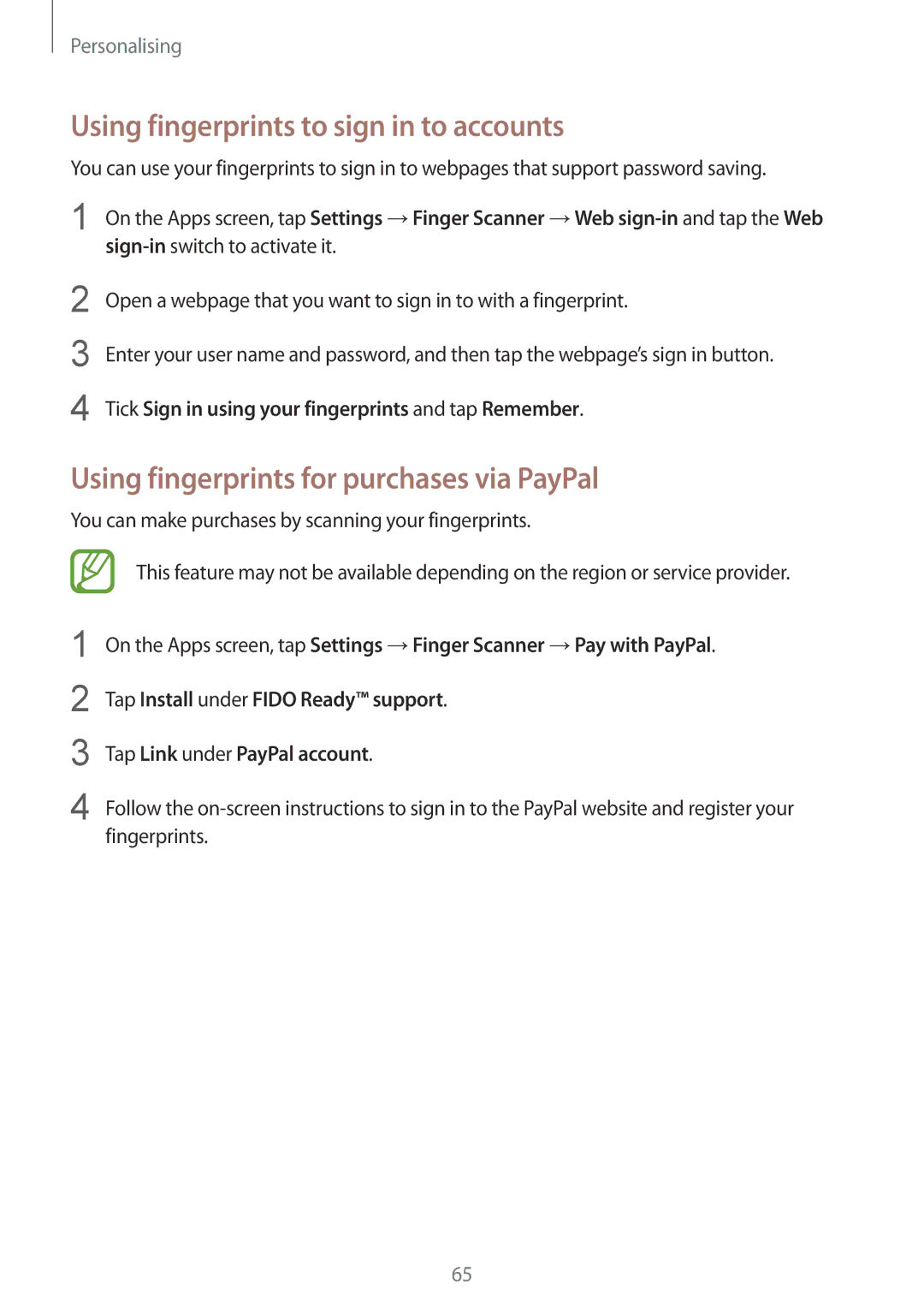 Samsung SM-G850F user manual Using fingerprints to sign in to accounts, Using fingerprints for purchases via PayPal 