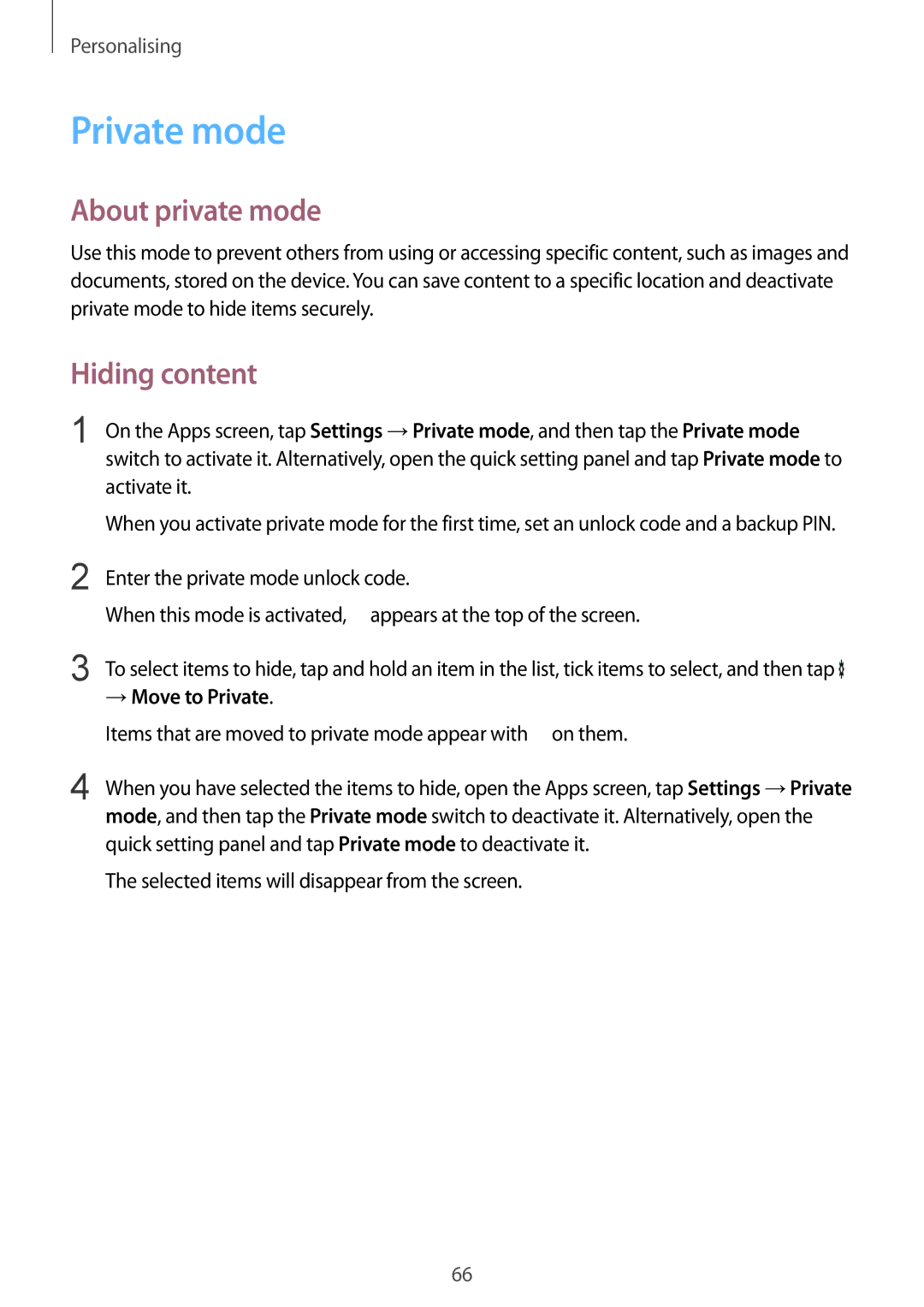 Samsung SM-G850F user manual Private mode, About private mode, Hiding content, → Move to Private 