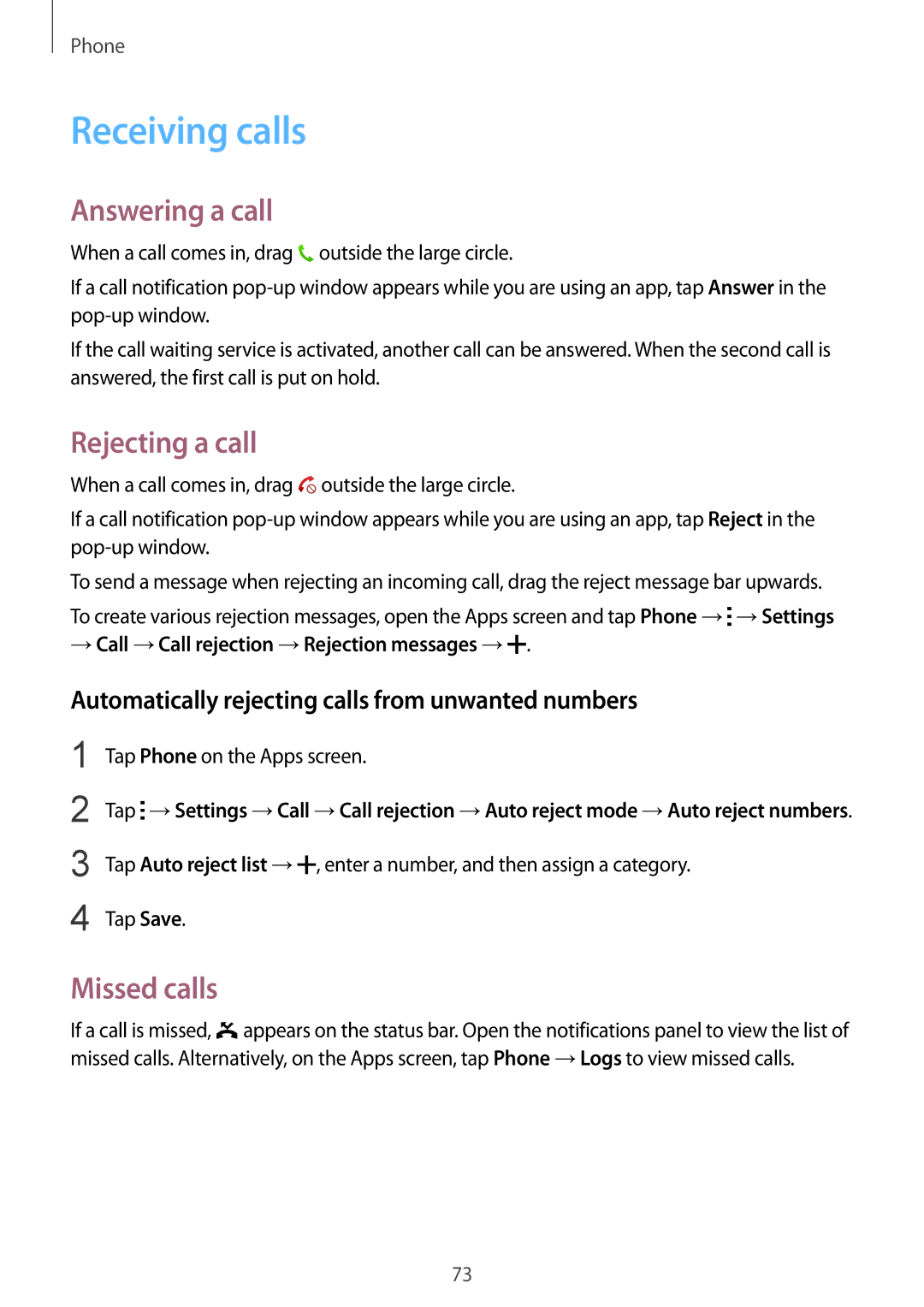 Samsung SM-G850F user manual Receiving calls, Answering a call, Rejecting a call, Missed calls 