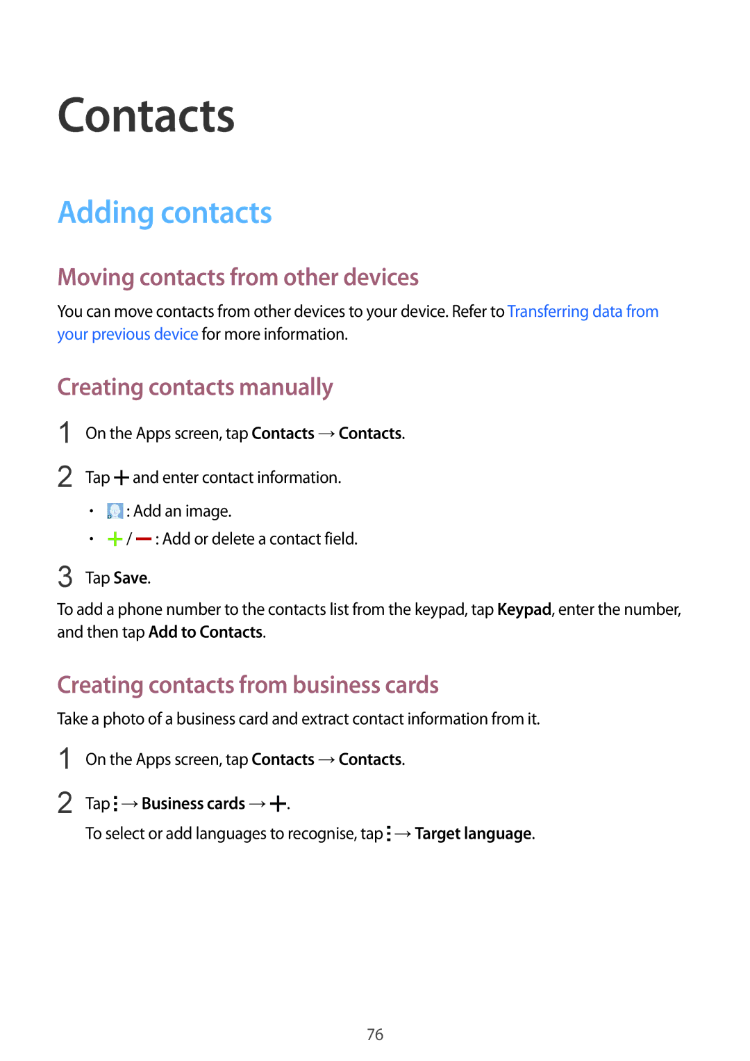 Samsung SM-G850F user manual Contacts, Adding contacts, Moving contacts from other devices, Creating contacts manually 