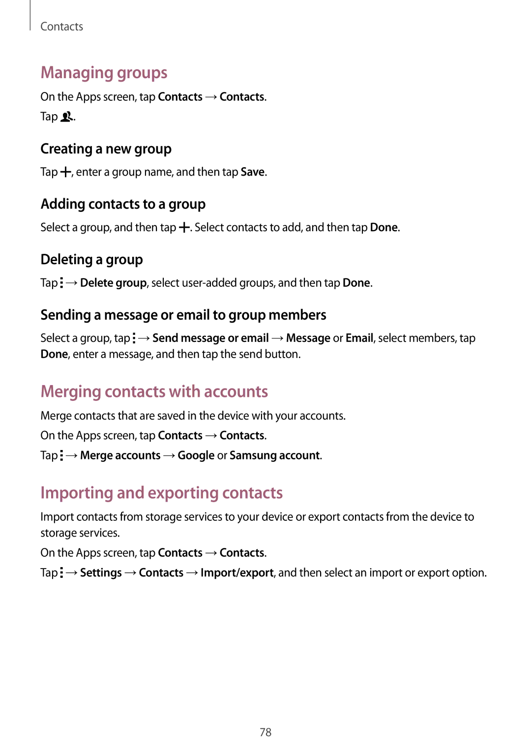 Samsung SM-G850F user manual Managing groups, Merging contacts with accounts, Importing and exporting contacts 