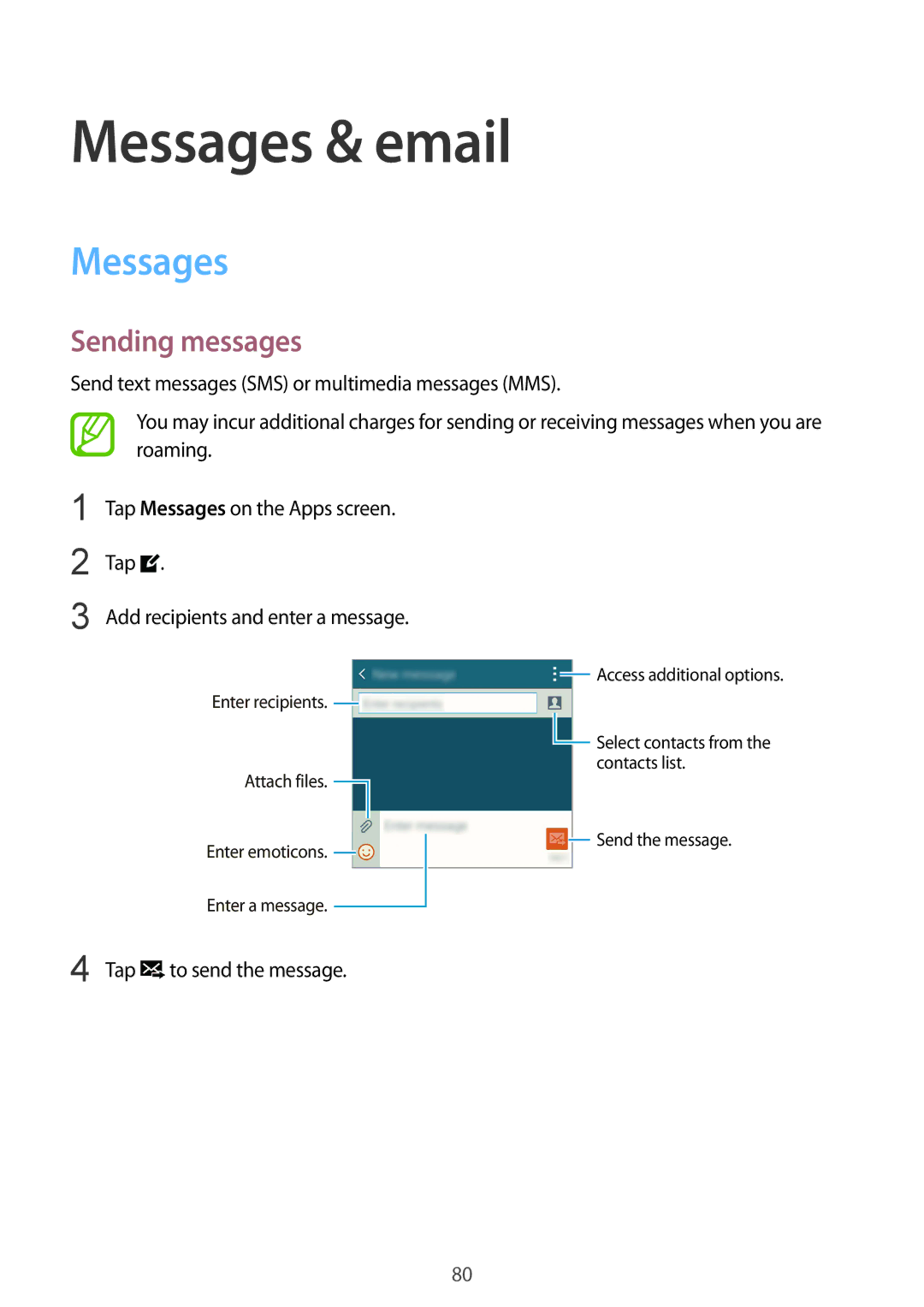 Samsung SM-G850F user manual Messages & email, Sending messages 