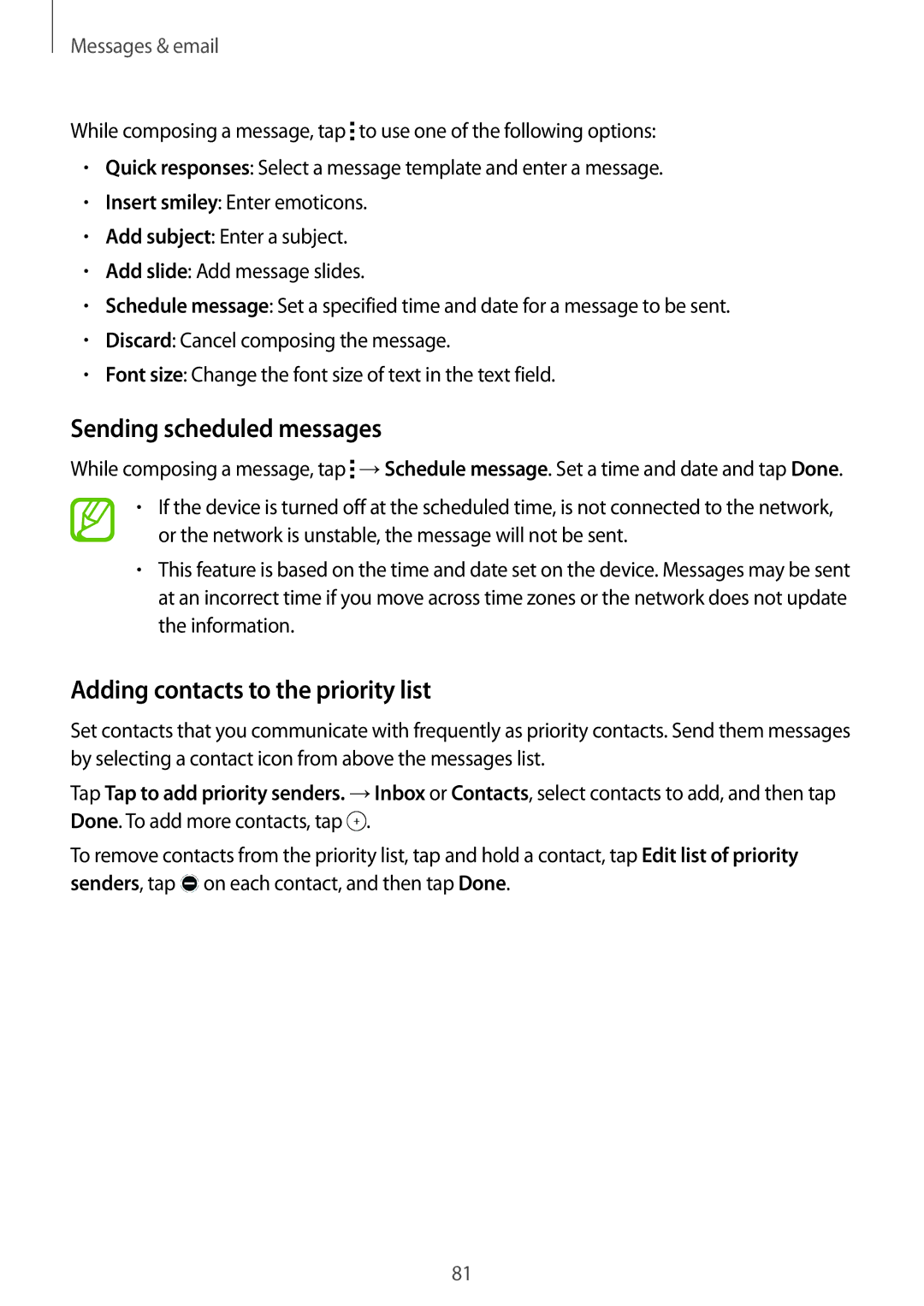 Samsung SM-G850F user manual Sending scheduled messages, Adding contacts to the priority list 