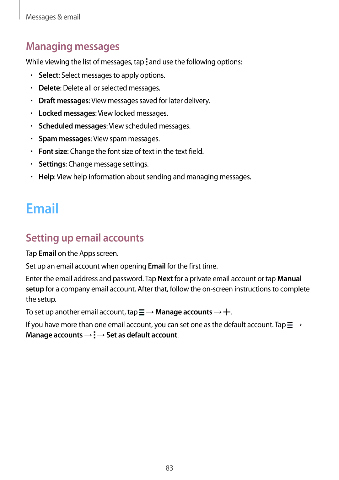 Samsung SM-G850F user manual Managing messages, Setting up email accounts 