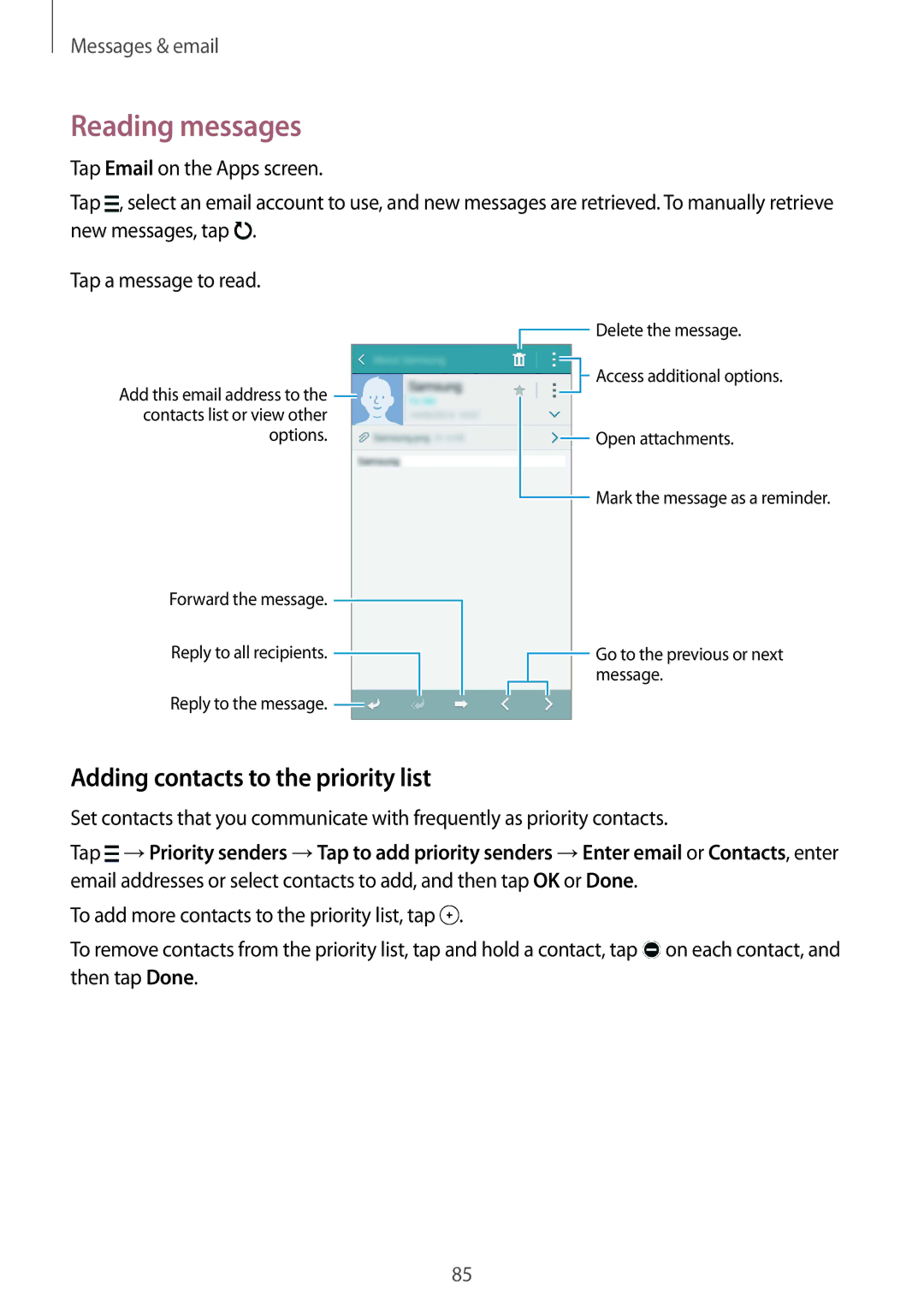 Samsung SM-G850F user manual Reading messages, Adding contacts to the priority list 