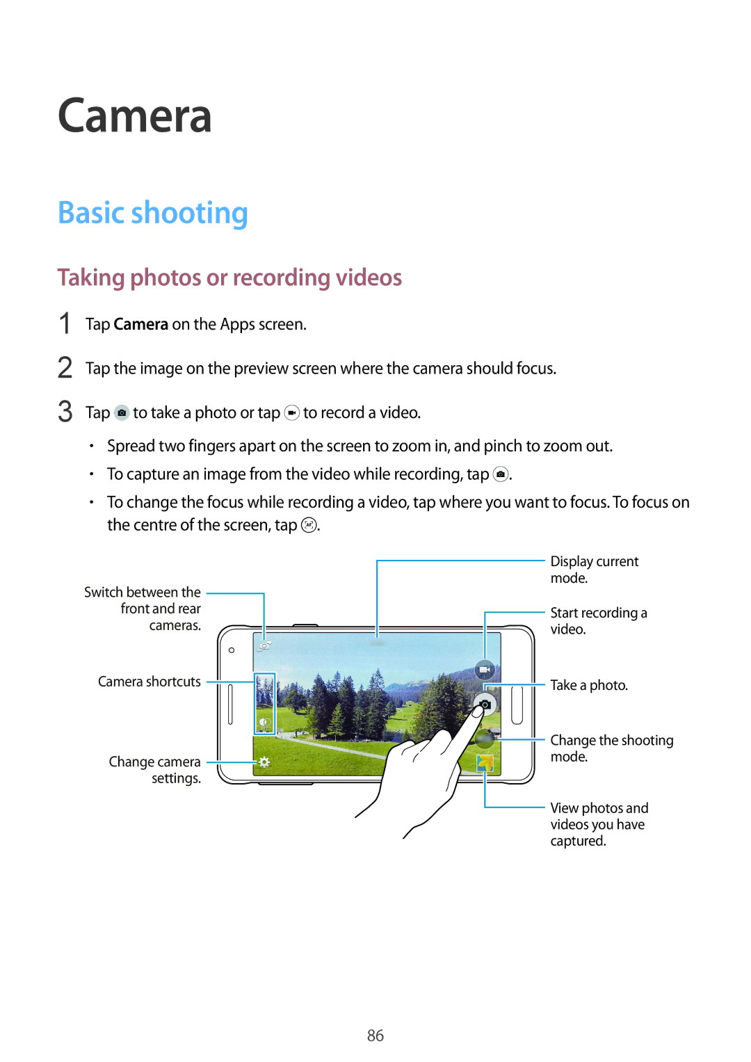 Samsung SM-G850F user manual Camera, Basic shooting, Taking photos or recording videos 