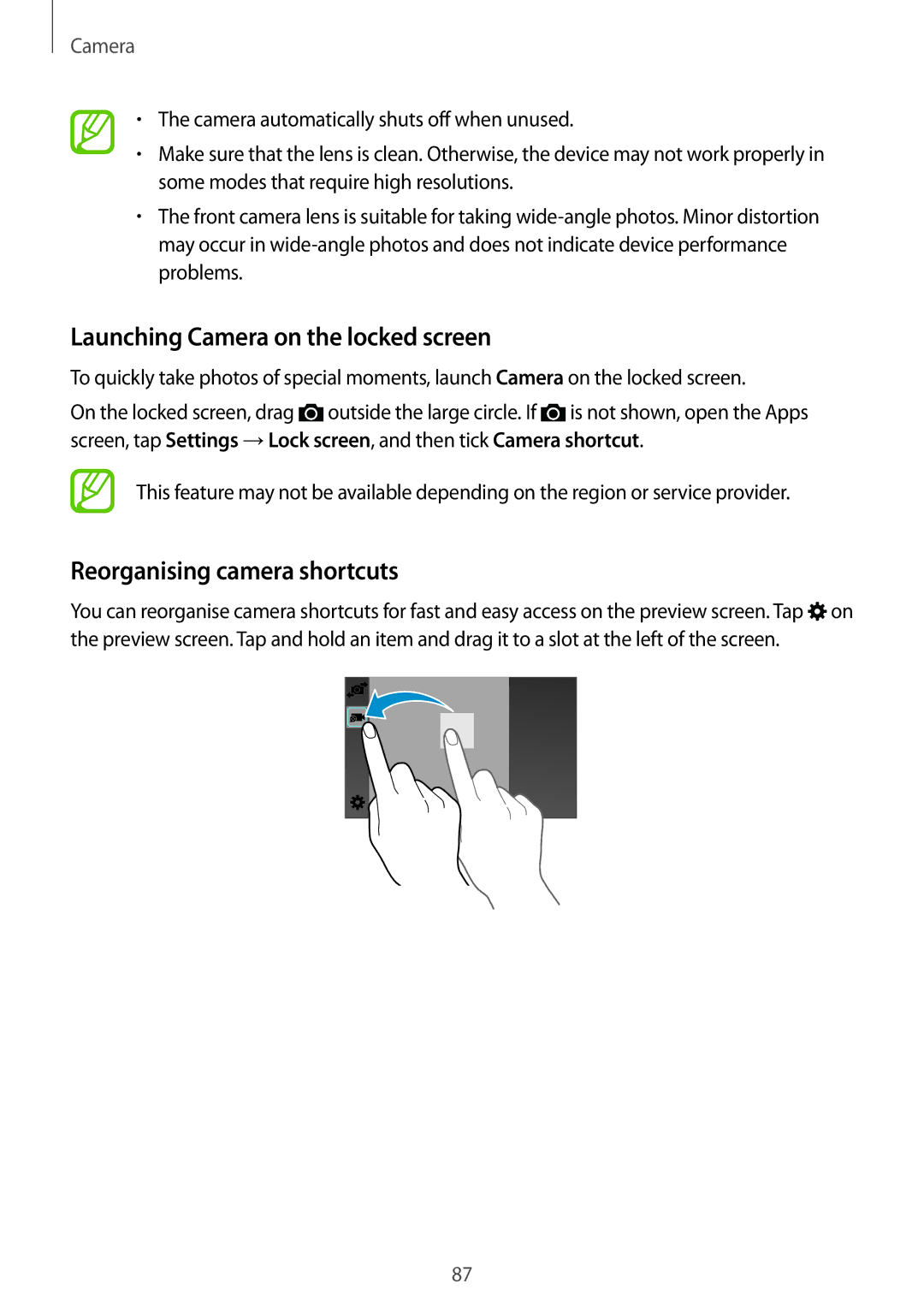 Samsung SM-G850F user manual Launching Camera on the locked screen, Reorganising camera shortcuts 