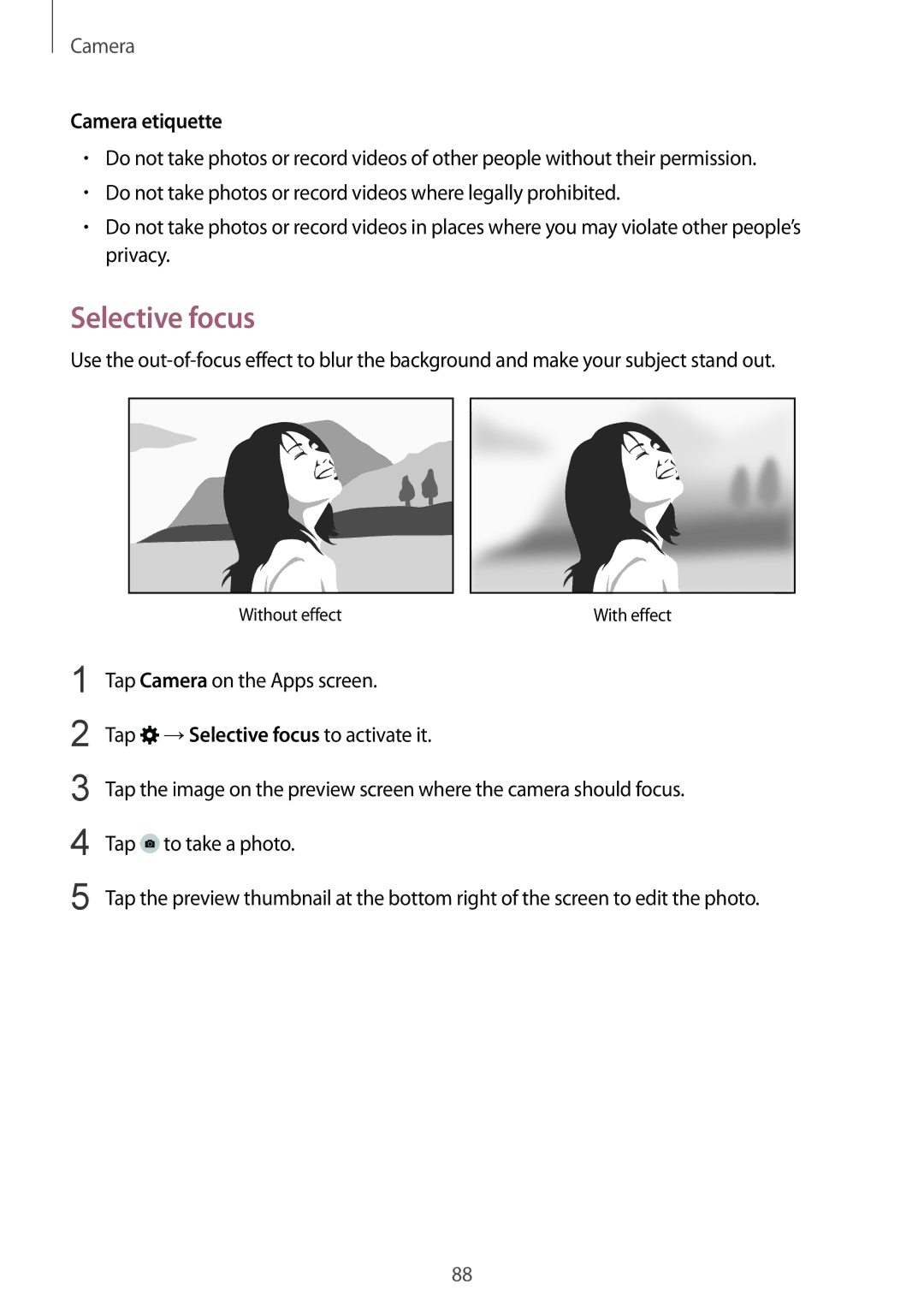 Samsung SM-G850F user manual Selective focus, Camera etiquette 