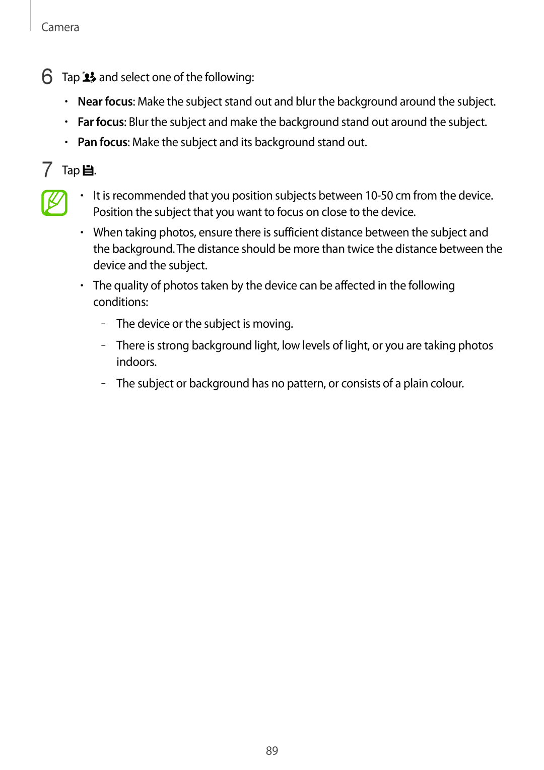 Samsung SM-G850F user manual Pan focus Make the subject and its background stand out Tap 