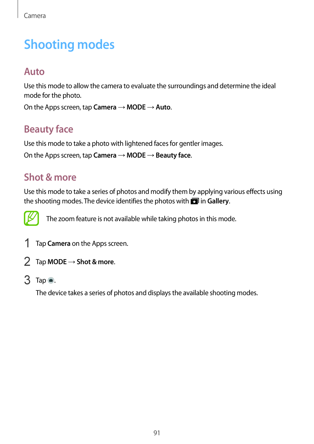 Samsung SM-G850F user manual Shooting modes, Auto, Beauty face, Tap Mode →Shot & more 