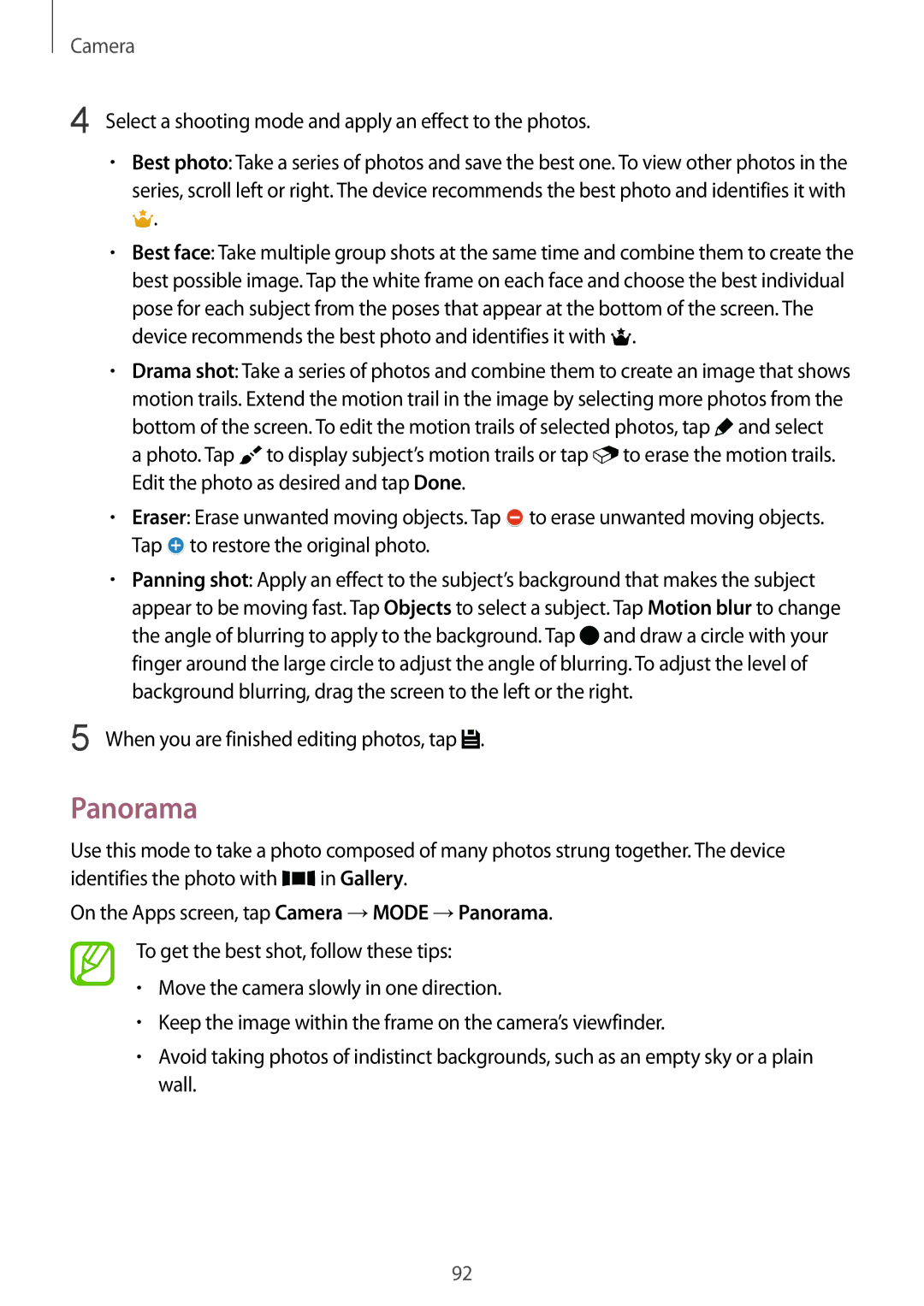 Samsung SM-G850F user manual Panorama, When you are finished editing photos, tap 