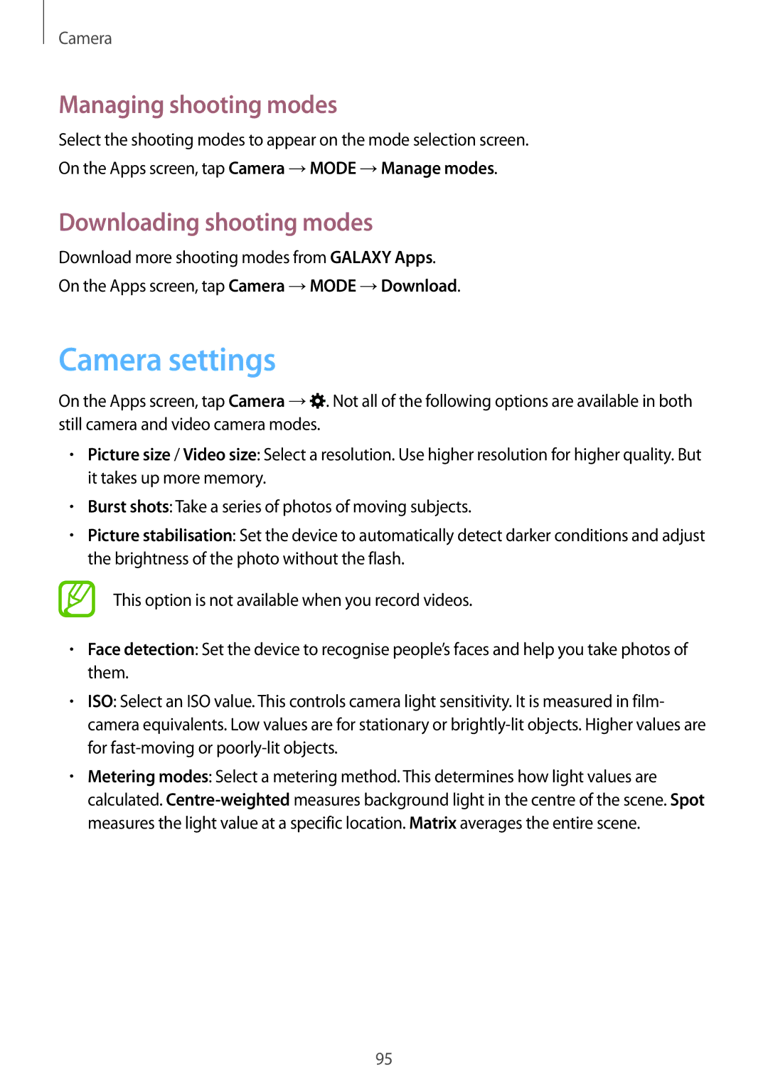 Samsung SM-G850F user manual Camera settings, Managing shooting modes, Downloading shooting modes 