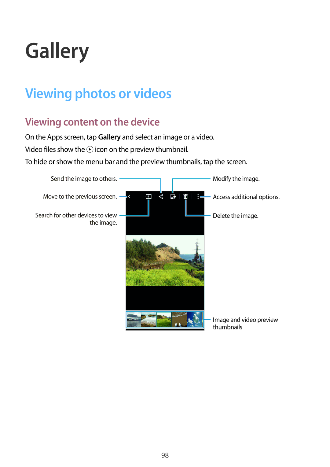 Samsung SM-G850F user manual Gallery, Viewing photos or videos, Viewing content on the device 