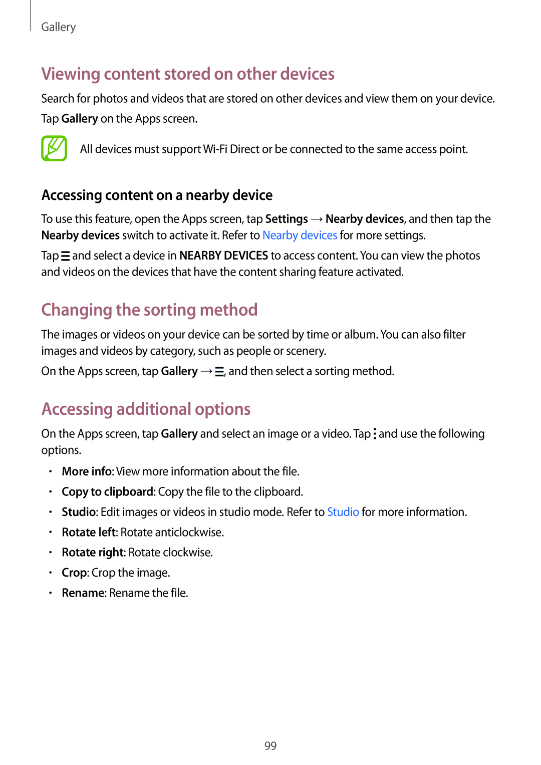 Samsung SM-G850F Viewing content stored on other devices, Changing the sorting method, Accessing additional options 