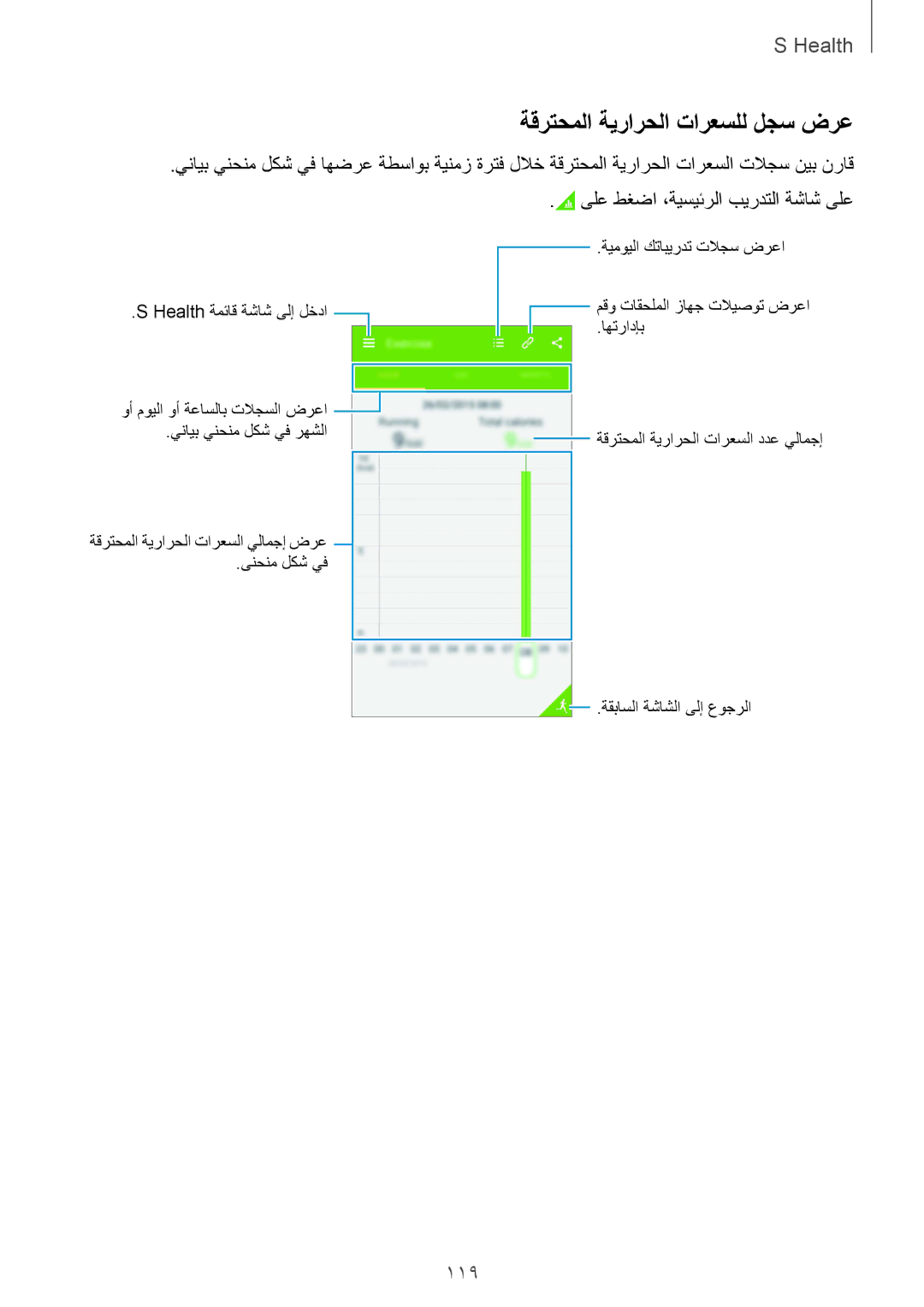 Samsung SM-G850FHSEXSG, SM-G850FHSEAFG manual ةقرتحملا ةيرارحلا تارعسلل لجس ضرع, 119, ىلع طغضا ،ةيسيئرلا بيردتلا ةشاش ىلع 