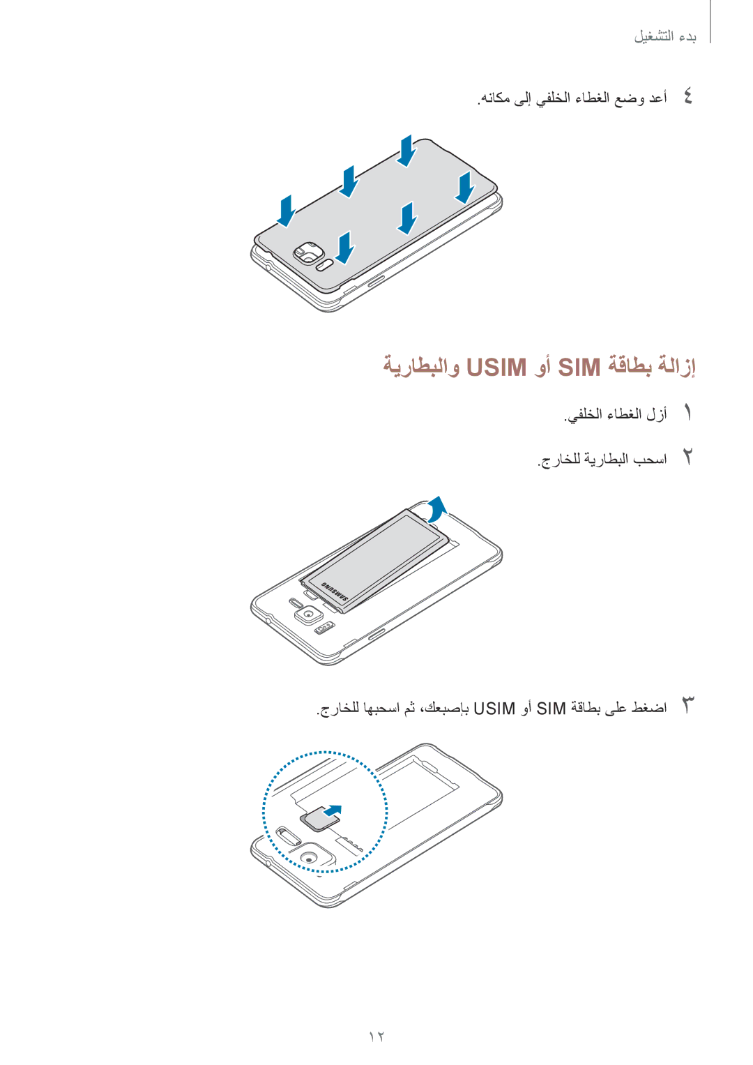 Samsung SM-G850FZWECAC, SM-G850FHSEAFG, SM-G850FHSECAC ةيراطبلاو Usim وأ SIM ةقاطب ةلازإ, هناكم ىلإ يفلخلا ءاطغلا عضو دعأ4 