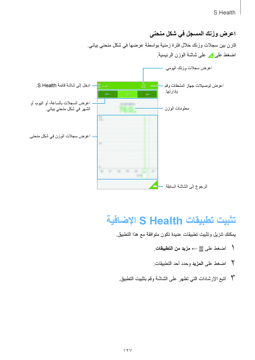 Samsung SM-G850FZKETMC ةيفاضلإا S Health تاقيبطت تيبثت, ىنحنم لكش يف لجسملا كنزو ضرعا, 127, تاقيبطتلا نم ديزم ← ىلع طغضا1 