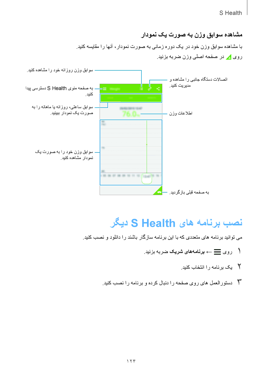 Samsung SM-G850FZDEMID, SM-G850FHSEAFG manual رگید S Health یاه همانرب بصن, رادومن کی تروص هب نزو قباوس هدهاشم, 124 