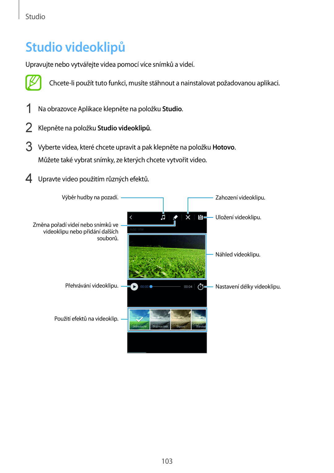 Samsung SM-G850FZWEATO, SM-G850FHSEATO, SM-G850FZBEEUR manual Studio videoklipů, Upravte video použitím různých efektů 