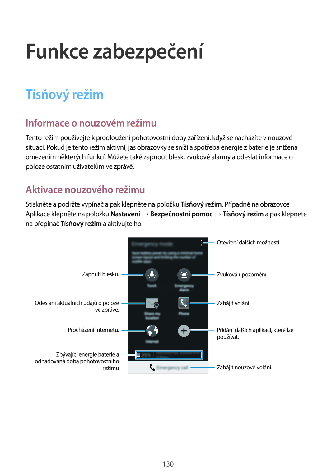 Samsung SM-G850FZWEORX manual Funkce zabezpečení, Tísňový režim, Informace o nouzovém režimu, Aktivace nouzového režimu 