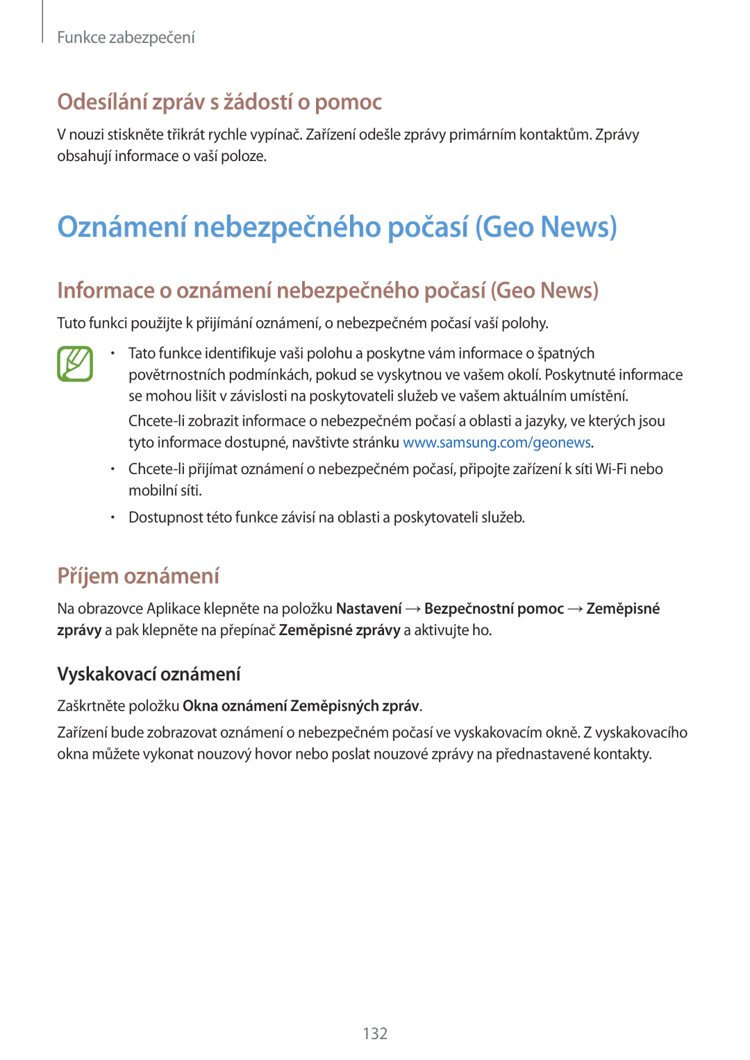 Samsung SM-G850FHSEORX manual Oznámení nebezpečného počasí Geo News, Odesílání zpráv s žádostí o pomoc, Příjem oznámení 