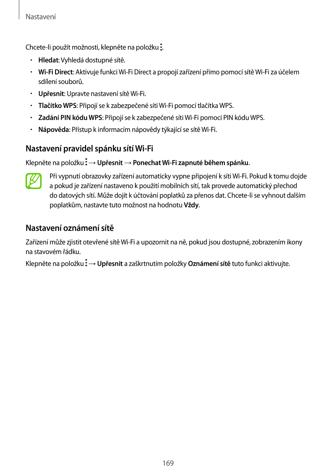 Samsung SM2G850FZKEETL, SM-G850FHSEATO, SM-G850FZBEEUR manual Nastavení pravidel spánku sítí Wi-Fi, Nastavení oznámení sítě 