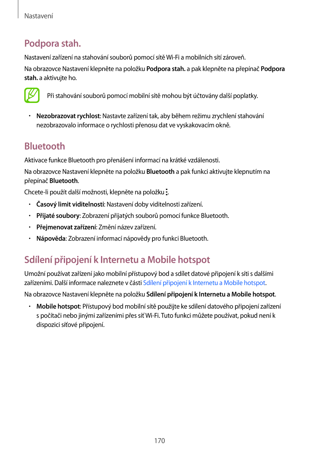 Samsung SM2G850FZDEORX, SM-G850FHSEATO manual Podpora stah, Bluetooth, Sdílení připojení k Internetu a Mobile hotspot 