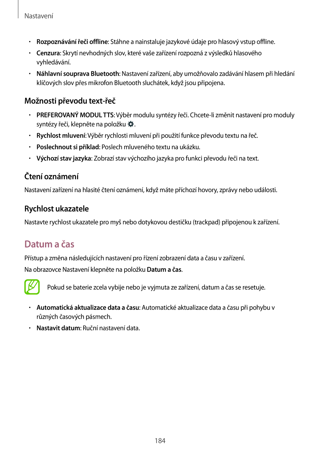 Samsung SM-G850FZDEATO, SM-G850FHSEATO manual Datum a čas, Možnosti převodu text-řeč, Čtení oznámení, Rychlost ukazatele 