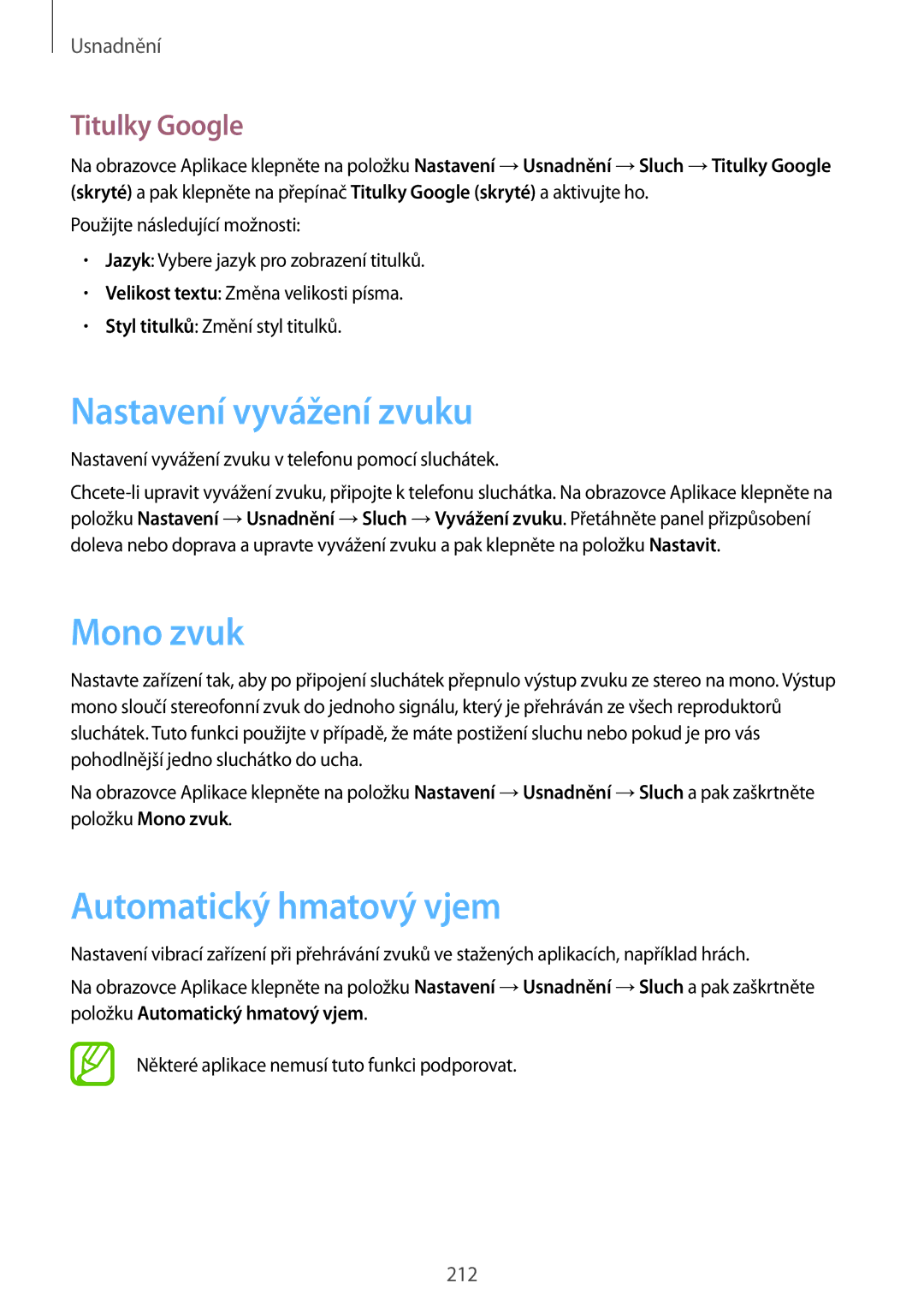 Samsung SM2G850FZDEXEH, SM-G850FHSEATO manual Nastavení vyvážení zvuku, Mono zvuk, Automatický hmatový vjem, Titulky Google 