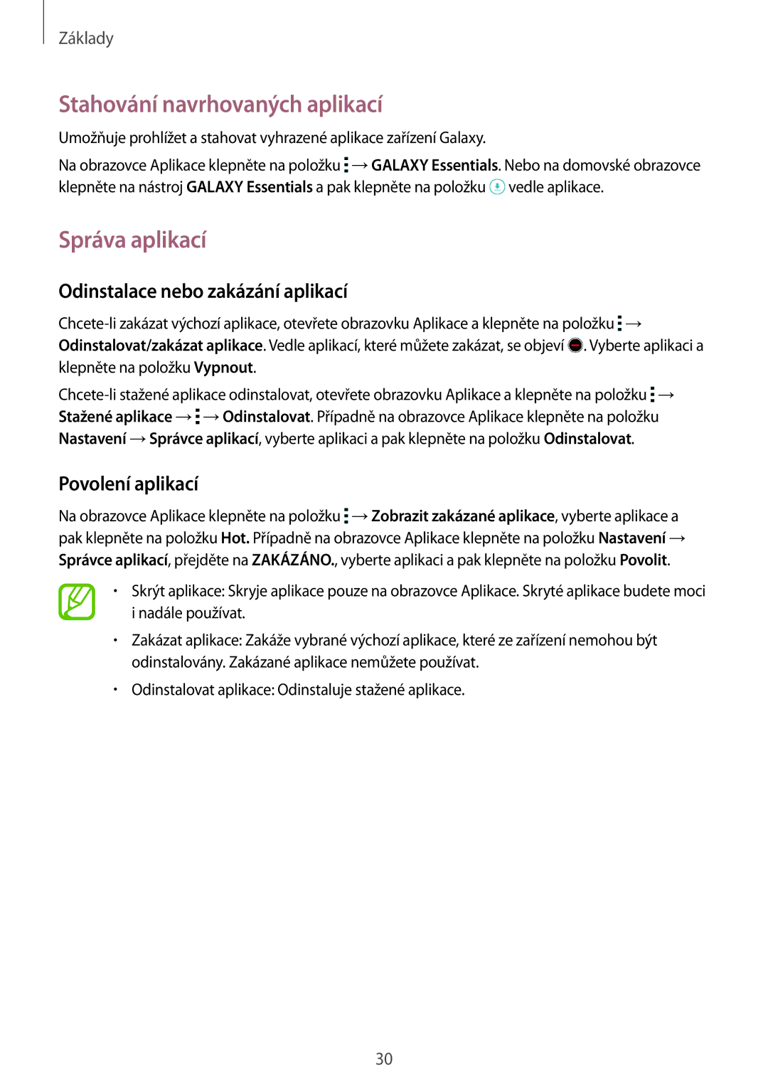 Samsung SM-G850FZKEXEO manual Stahování navrhovaných aplikací, Správa aplikací, Odinstalace nebo zakázání aplikací 
