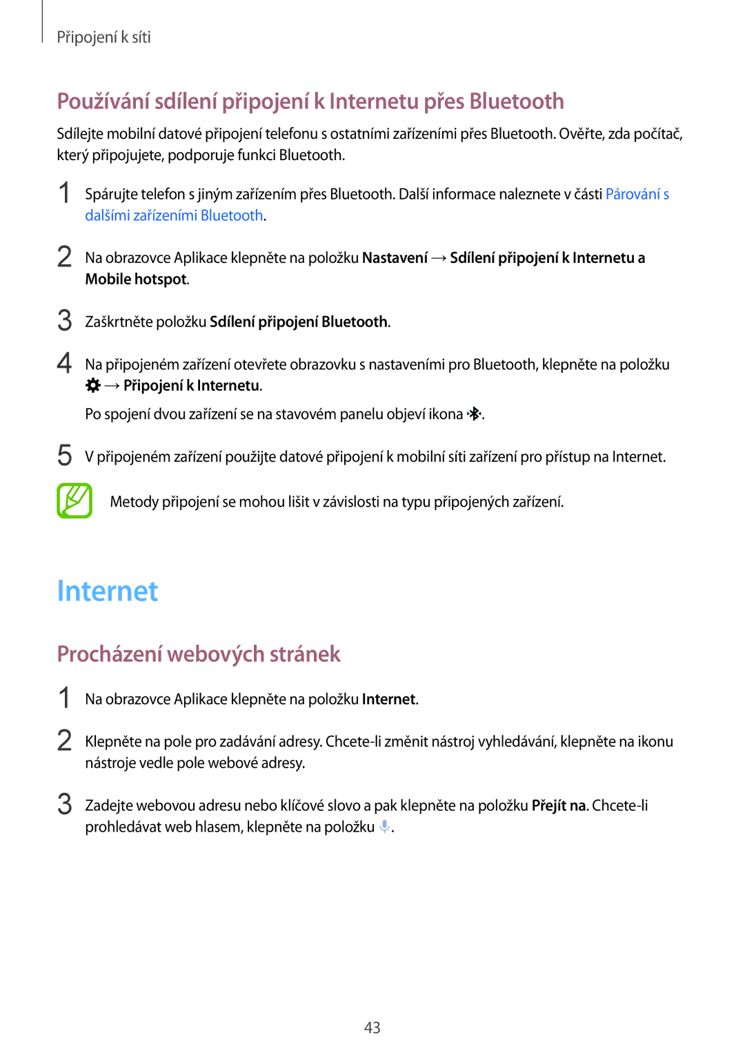 Samsung SM-G850FZWEORX manual Používání sdílení připojení k Internetu přes Bluetooth, Procházení webových stránek 