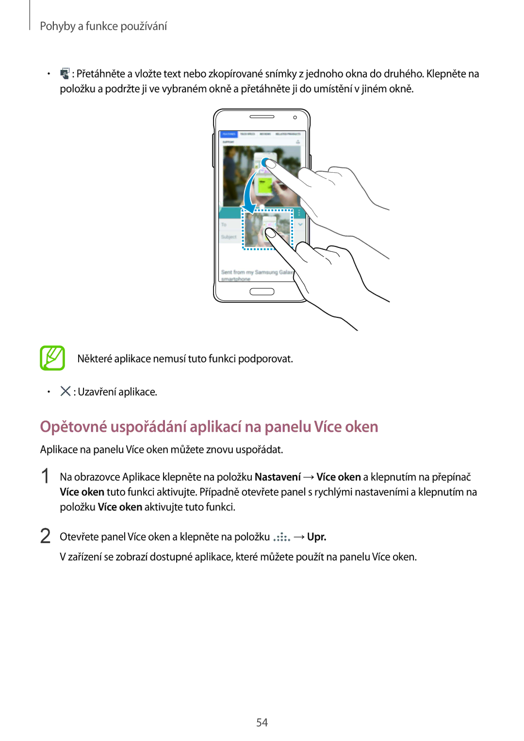 Samsung SM-G850FZKEORX, SM-G850FHSEATO, SM-G850FZBEEUR, SM-G850FZBEXEO manual Opětovné uspořádání aplikací na panelu Více oken 