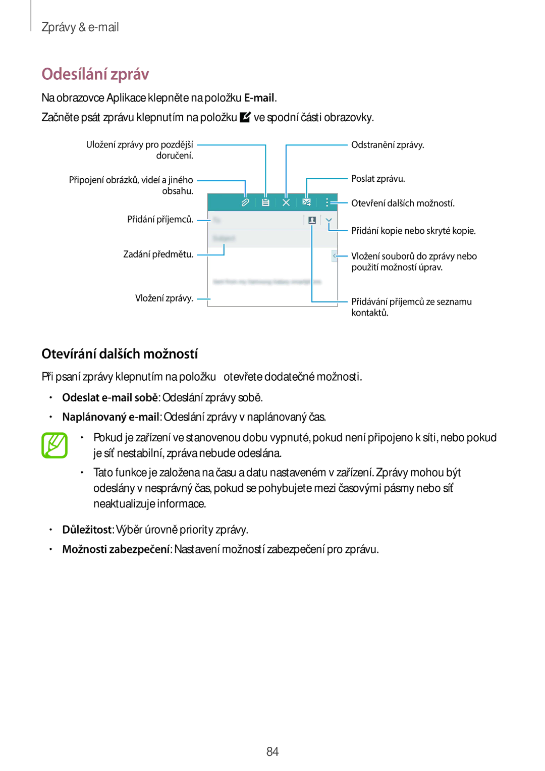 Samsung SM2G850FZBEXEH, SM-G850FHSEATO, SM-G850FZBEEUR, SM-G850FZBEXEO manual Odesílání zpráv, Otevírání dalších možností 