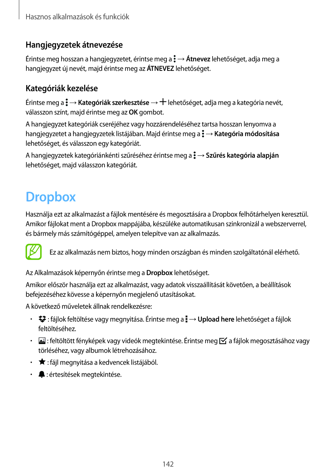 Samsung SM-G850FZDEETL, SM-G850FHSEATO, SM-G850FZBEEUR manual Dropbox, Hangjegyzetek átnevezése, Kategóriák kezelése 