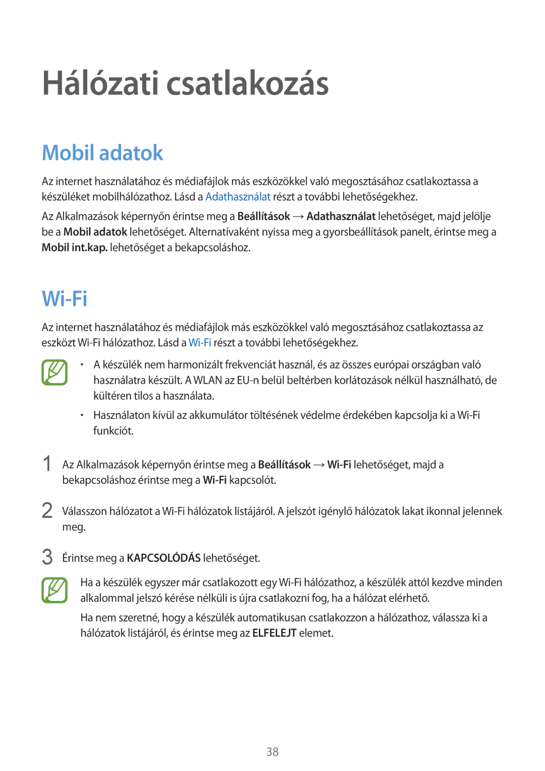 Samsung SM2G850FZDEXEH, SM-G850FHSEATO, SM-G850FZBEEUR, SM-G850FZBEXEO manual Hálózati csatlakozás, Mobil adatok, Wi-Fi 