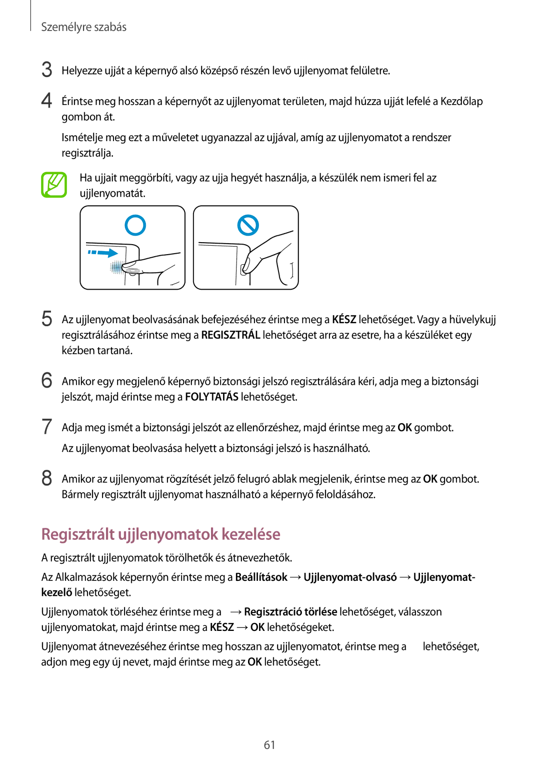 Samsung SM-G850FZKEEUR, SM-G850FHSEATO, SM-G850FZBEEUR, SM-G850FZBEXEO, SM-G850FZWEDRE Regisztrált ujjlenyomatok kezelése 