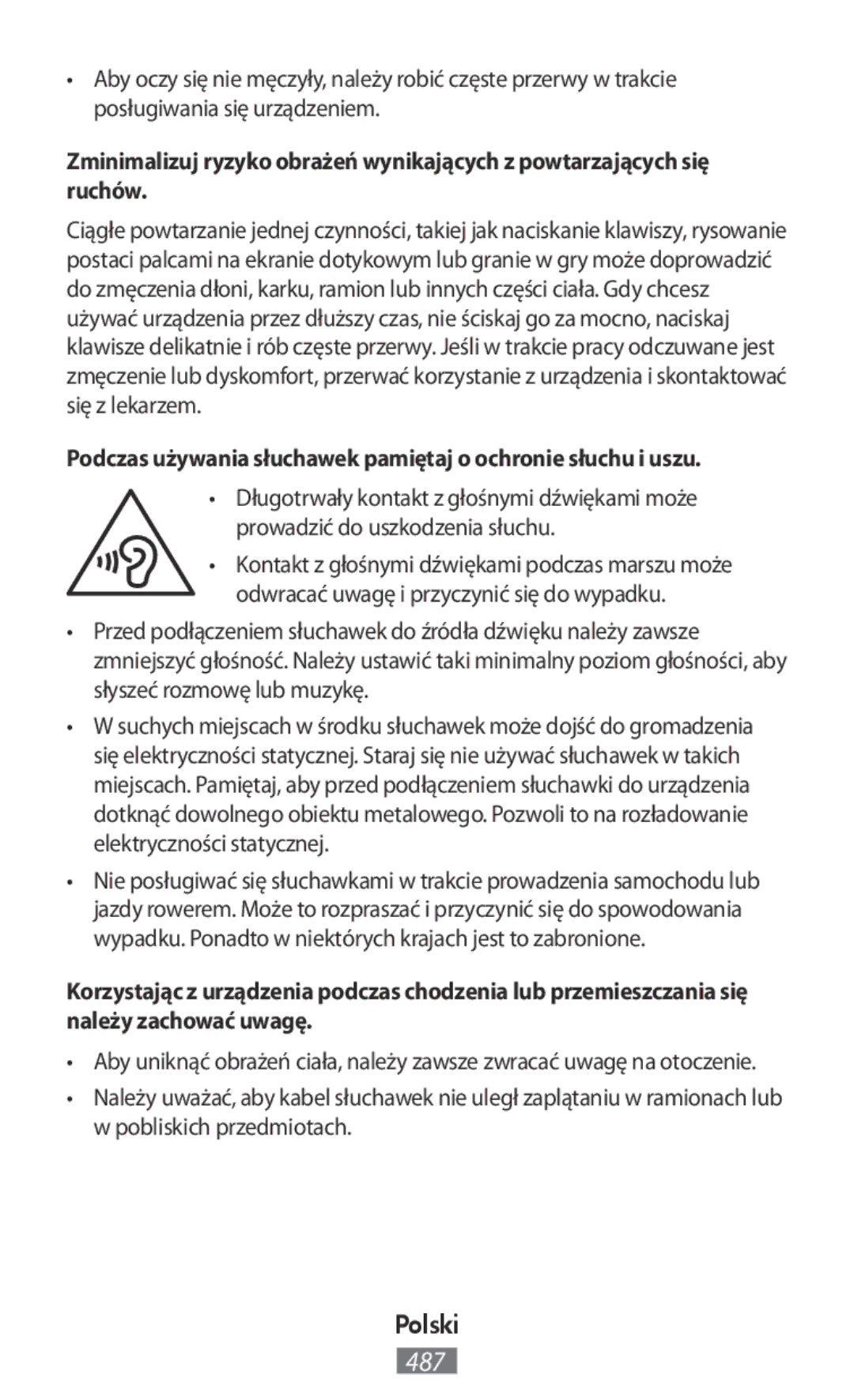 Samsung GT-I9301RWIETL, SM-G850FHSEDBT, SM-G530FZWAOPT manual Podczas używania słuchawek pamiętaj o ochronie słuchu i uszu 