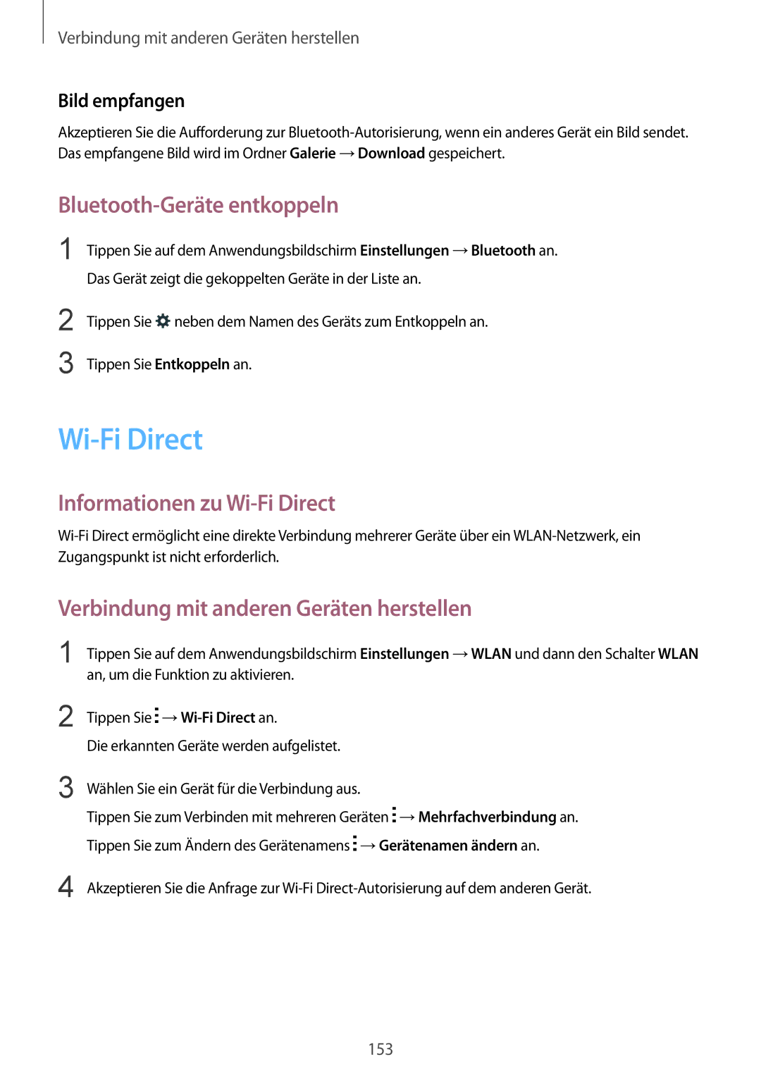 Samsung SM-G850FZKEDTM, SM-G850FHSEDBT manual Bluetooth-Geräte entkoppeln, Informationen zu Wi-Fi Direct, Bild empfangen 