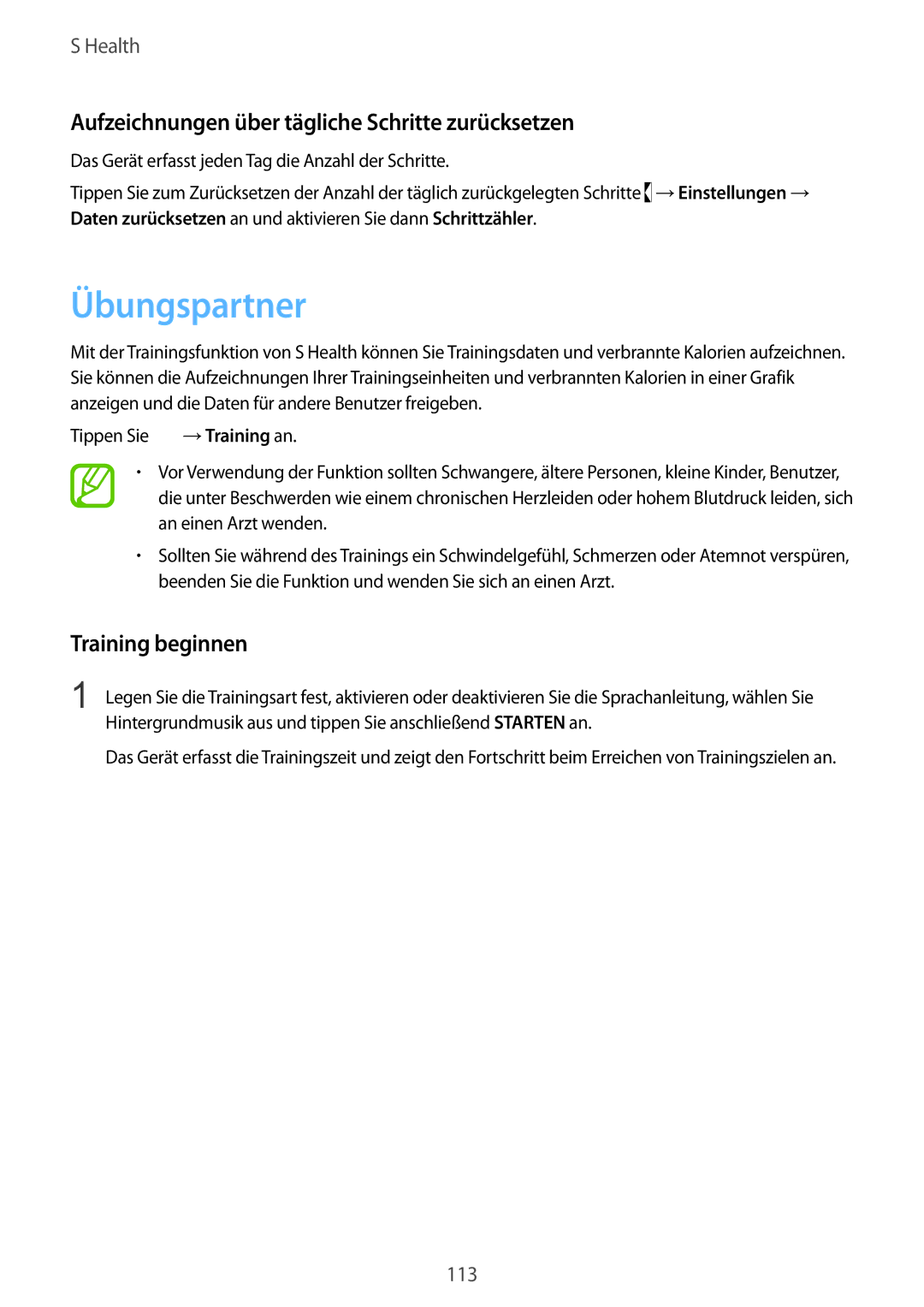 Samsung SM-G850FZKEOPT Übungspartner, Aufzeichnungen über tägliche Schritte zurücksetzen, Training beginnen, →Training an 