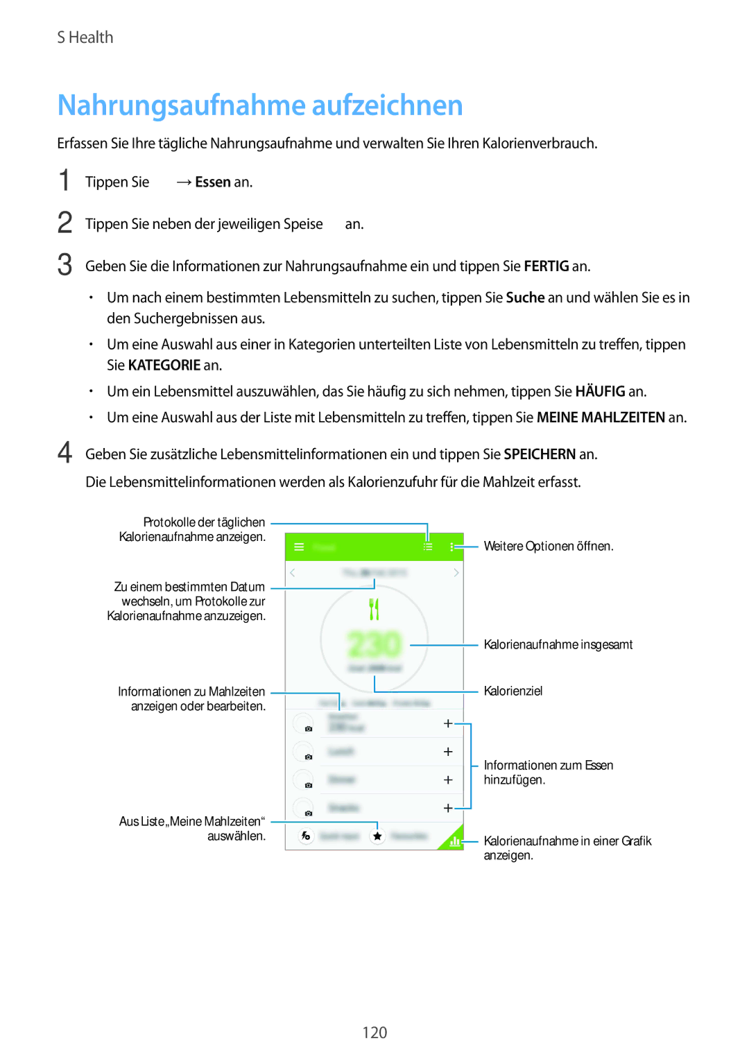 Samsung SM-G850FZDETPH, SM-G850FHSEDBT, SM-G850FHSEVIA, SM-G850FZDEVD2, SM-G850FZWETPH manual Nahrungsaufnahme aufzeichnen 