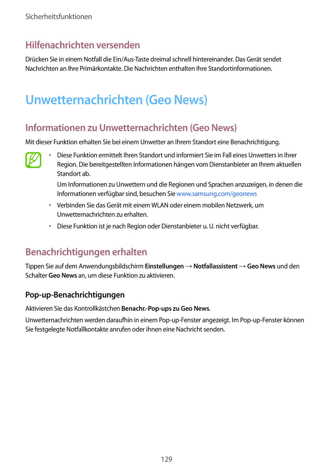 Samsung SM-G850FZWEVD2 manual Unwetternachrichten Geo News, Hilfenachrichten versenden, Benachrichtigungen erhalten 