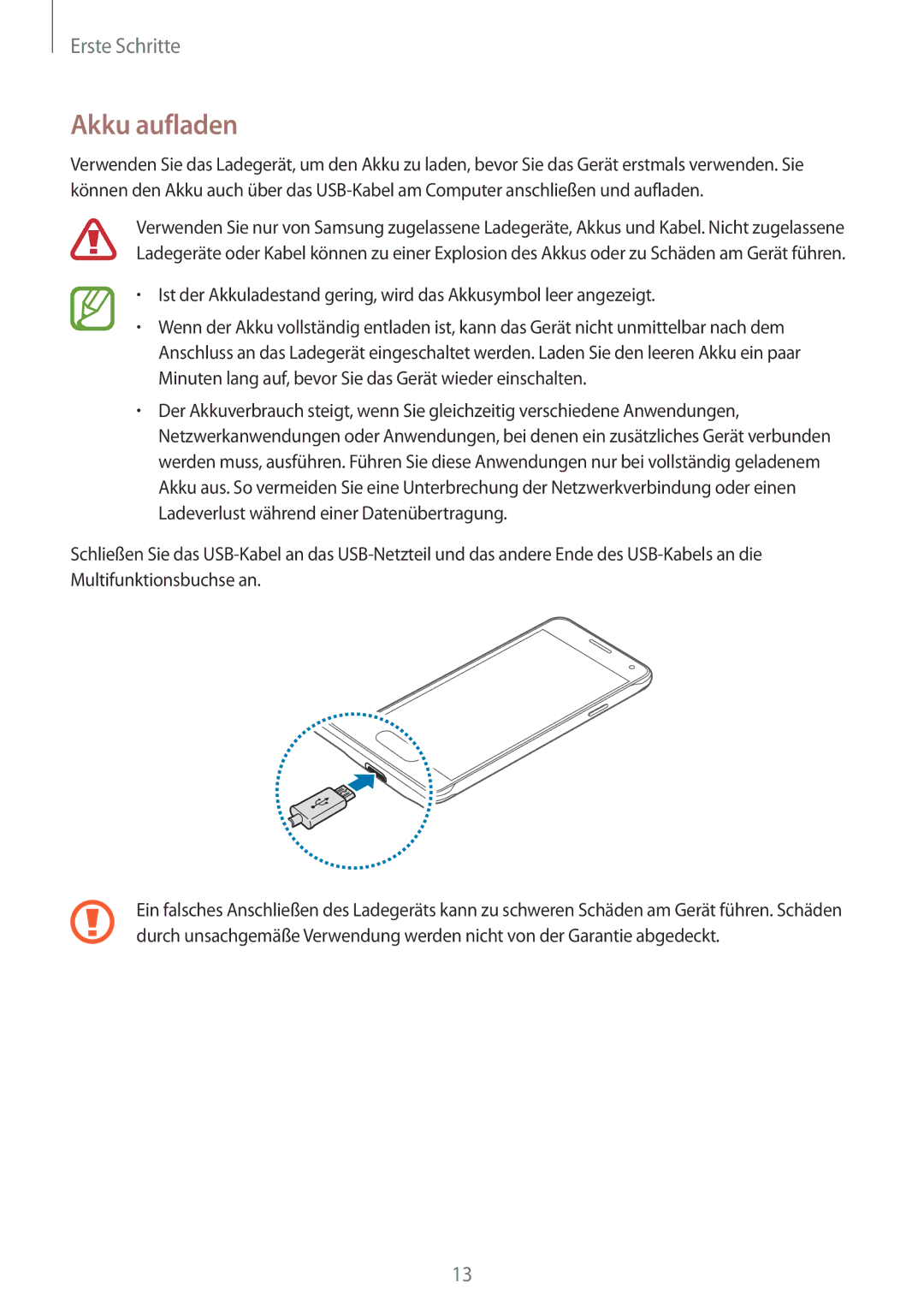 Samsung SM-G850FZBEXEO, SM-G850FHSEDBT, SM-G850FHSEVIA, SM-G850FZDEVD2, SM-G850FZWETPH, SM-G850FZWEDBT manual Akku aufladen 