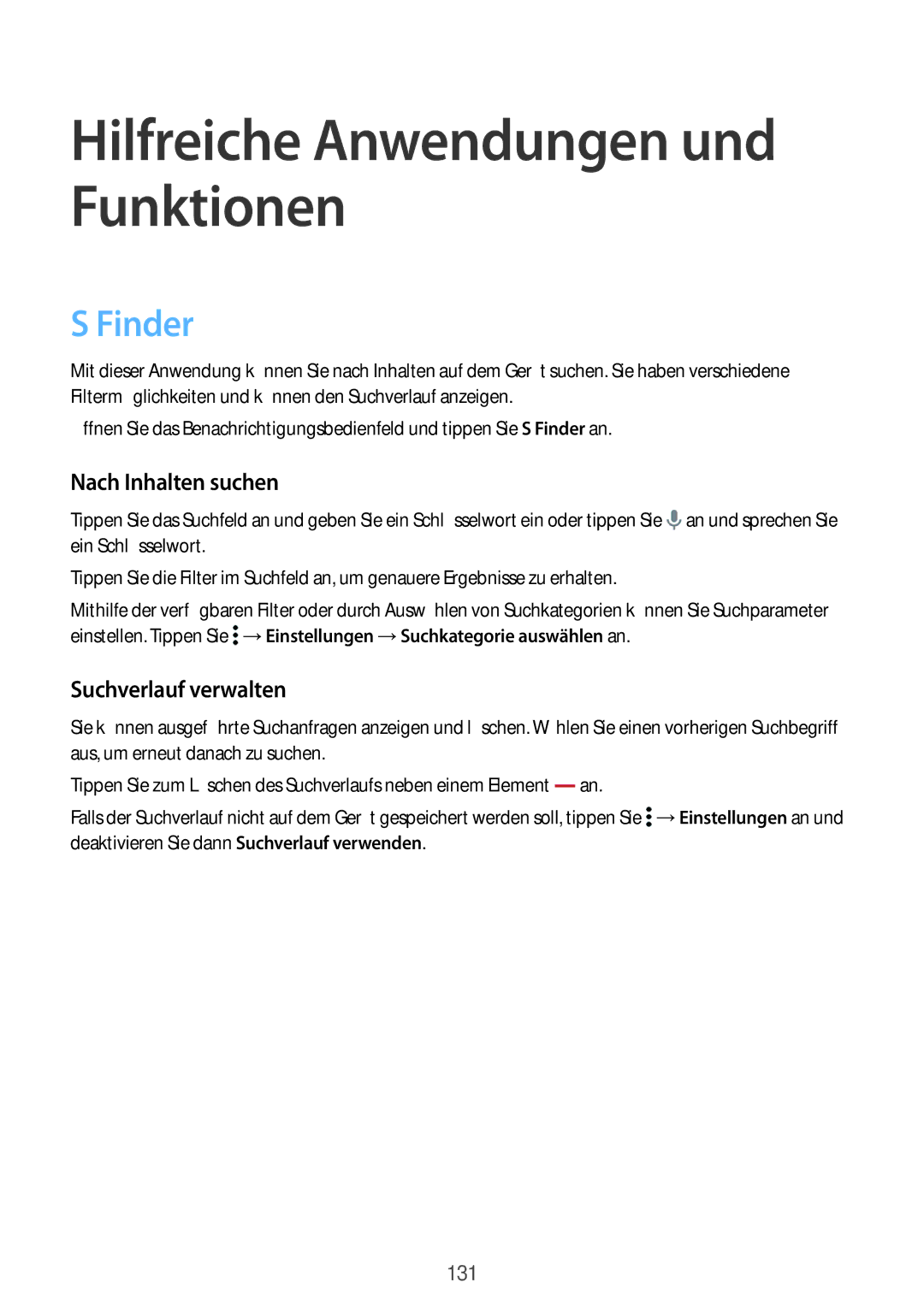 Samsung SM-G850FZKEATO manual Hilfreiche Anwendungen und Funktionen, Finder, Nach Inhalten suchen, Suchverlauf verwalten 