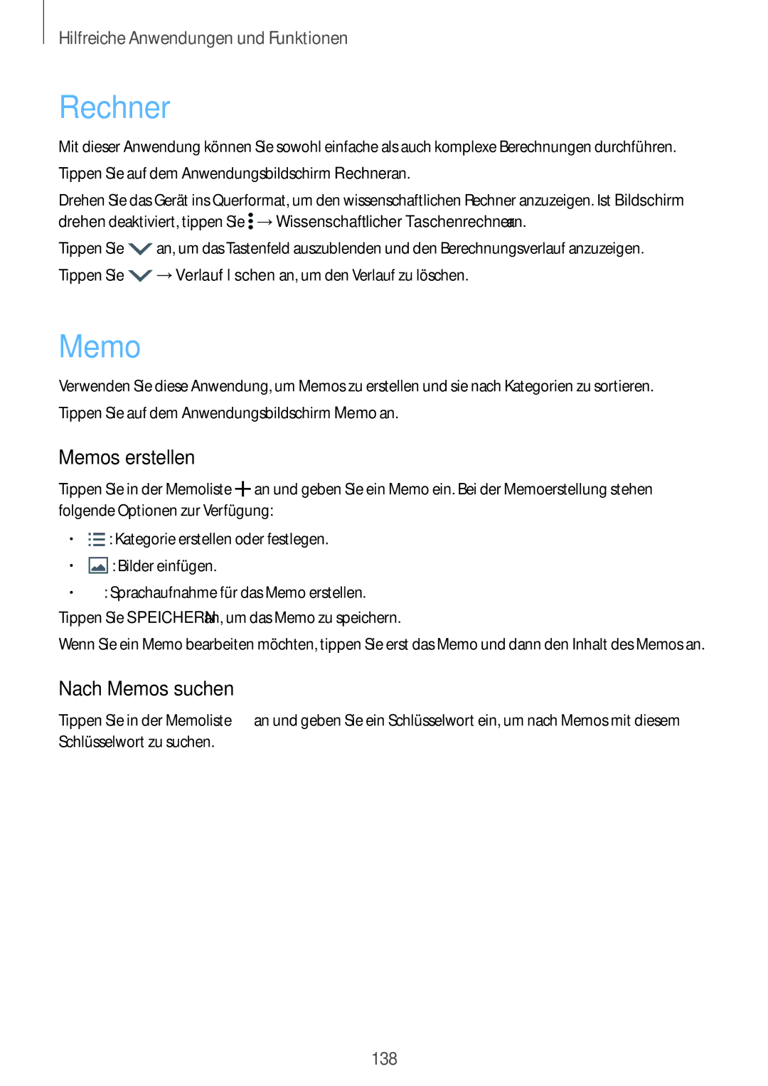 Samsung SM-G850FZKEMOB, SM-G850FHSEDBT, SM-G850FHSEVIA, SM-G850FZDEVD2 manual Rechner, Memos erstellen, Nach Memos suchen 
