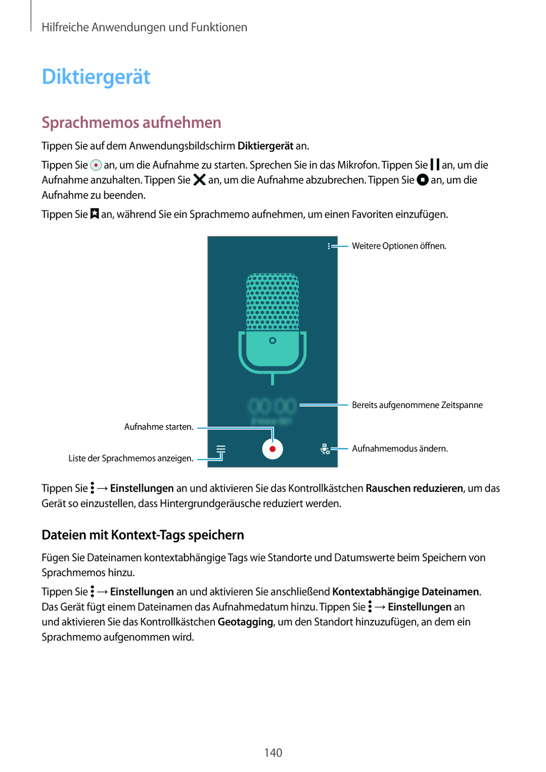 Samsung SM-G850FZDEEUR, SM-G850FHSEDBT manual Diktiergerät, Sprachmemos aufnehmen, Dateien mit Kontext-Tags speichern 