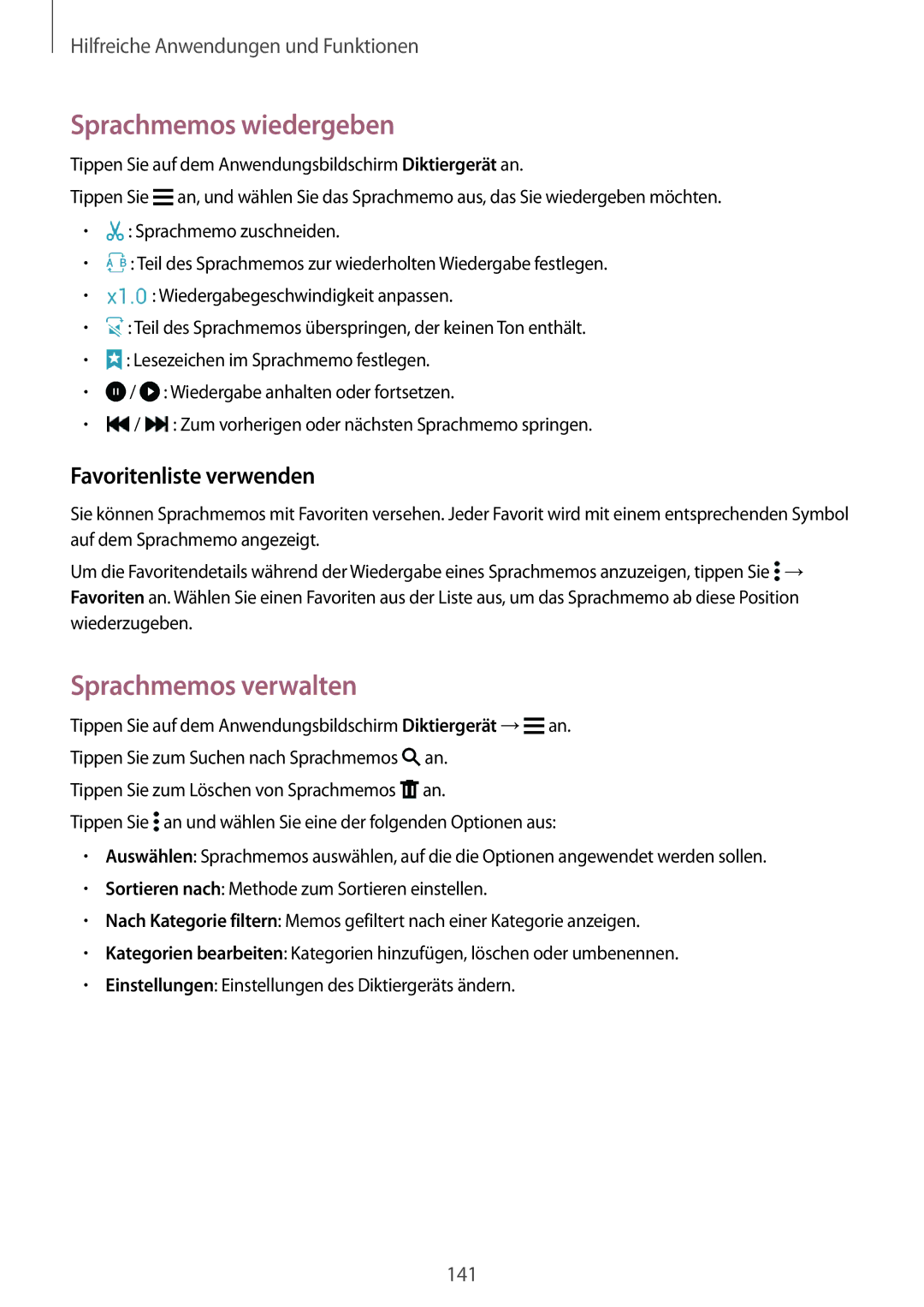 Samsung SM-G850FZBESEB, SM-G850FHSEDBT manual Sprachmemos wiedergeben, Sprachmemos verwalten, Favoritenliste verwenden 