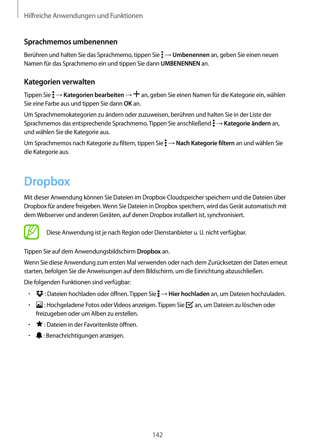 Samsung SM-G850FZBEDRE, SM-G850FHSEDBT, SM-G850FHSEVIA, SM-G850FZDEVD2 Dropbox, Sprachmemos umbenennen, Kategorien verwalten 