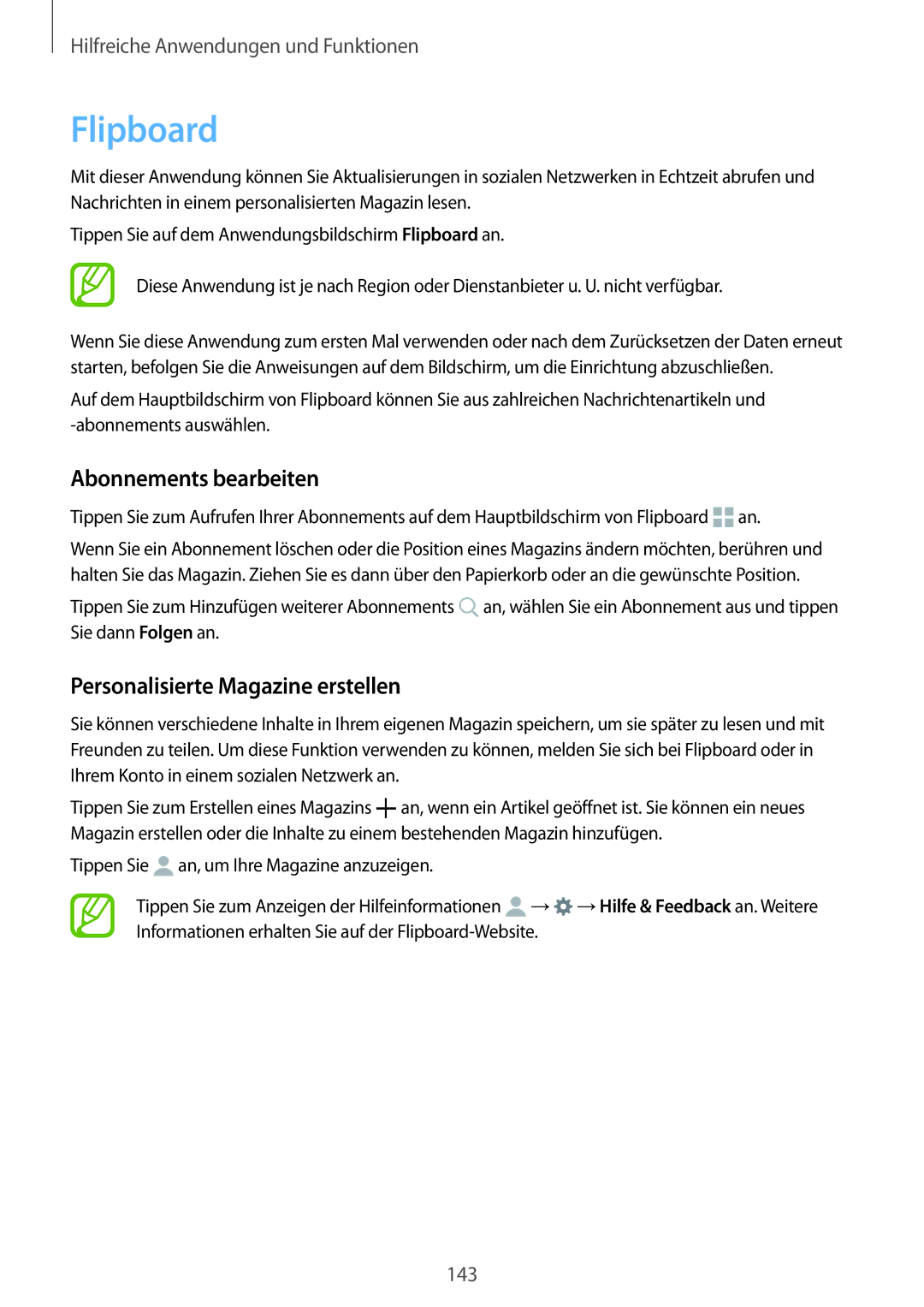 Samsung SM-G850FHSEDTM, SM-G850FHSEDBT manual Flipboard, Abonnements bearbeiten, Personalisierte Magazine erstellen 