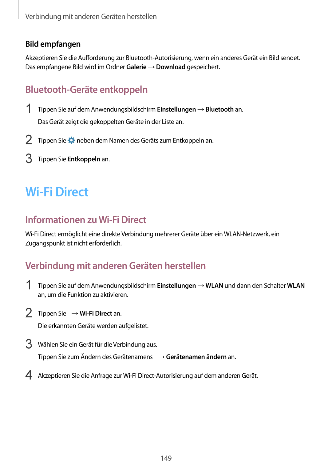 Samsung SM-G850FZKETCL, SM-G850FHSEDBT manual Bluetooth-Geräte entkoppeln, Informationen zu Wi-Fi Direct, Bild empfangen 